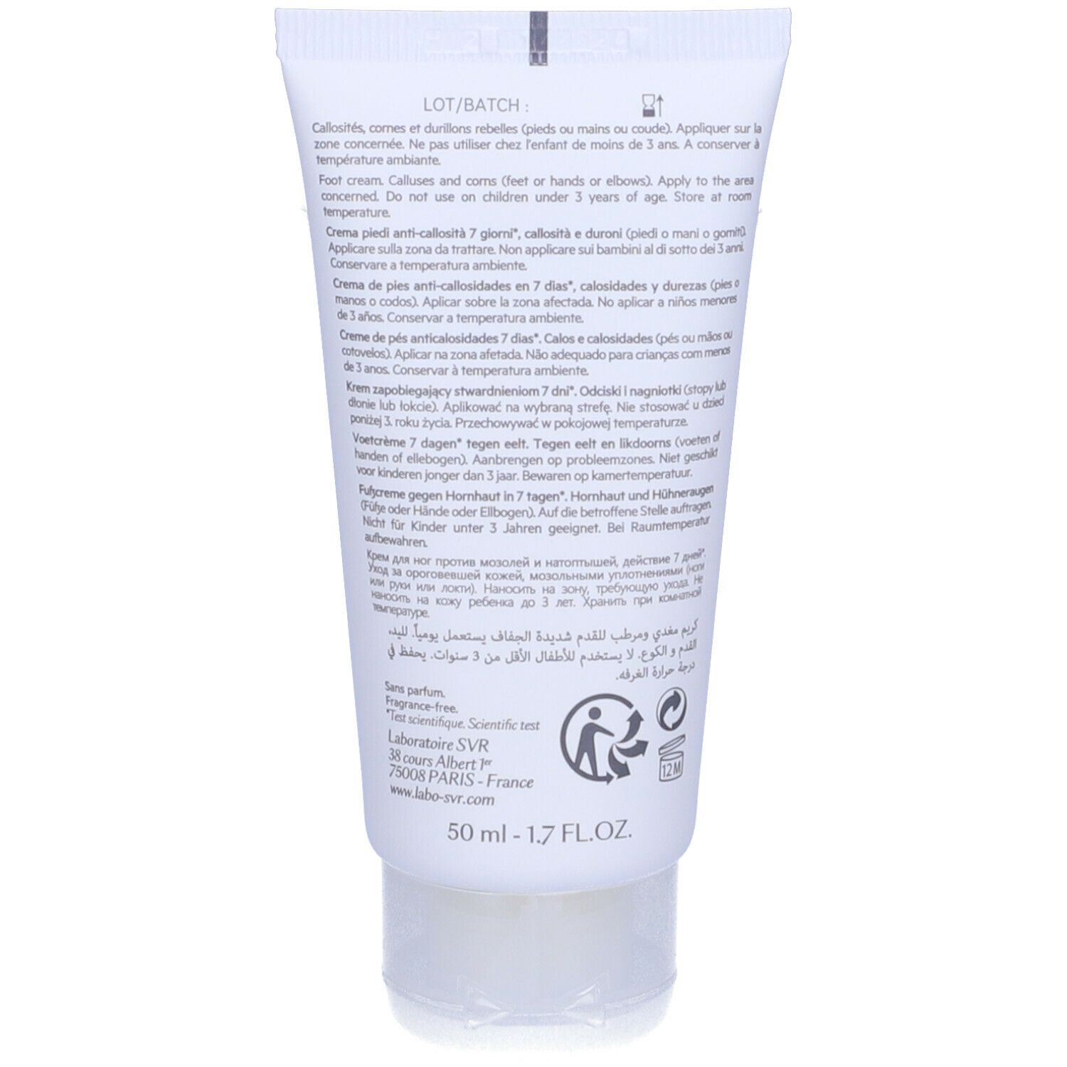 Rückseite der Tube SVR XERIAL 50. Text: Anwendungshinweise, Inhaltsstoffe, Herstellerinformationen, 50 ml.