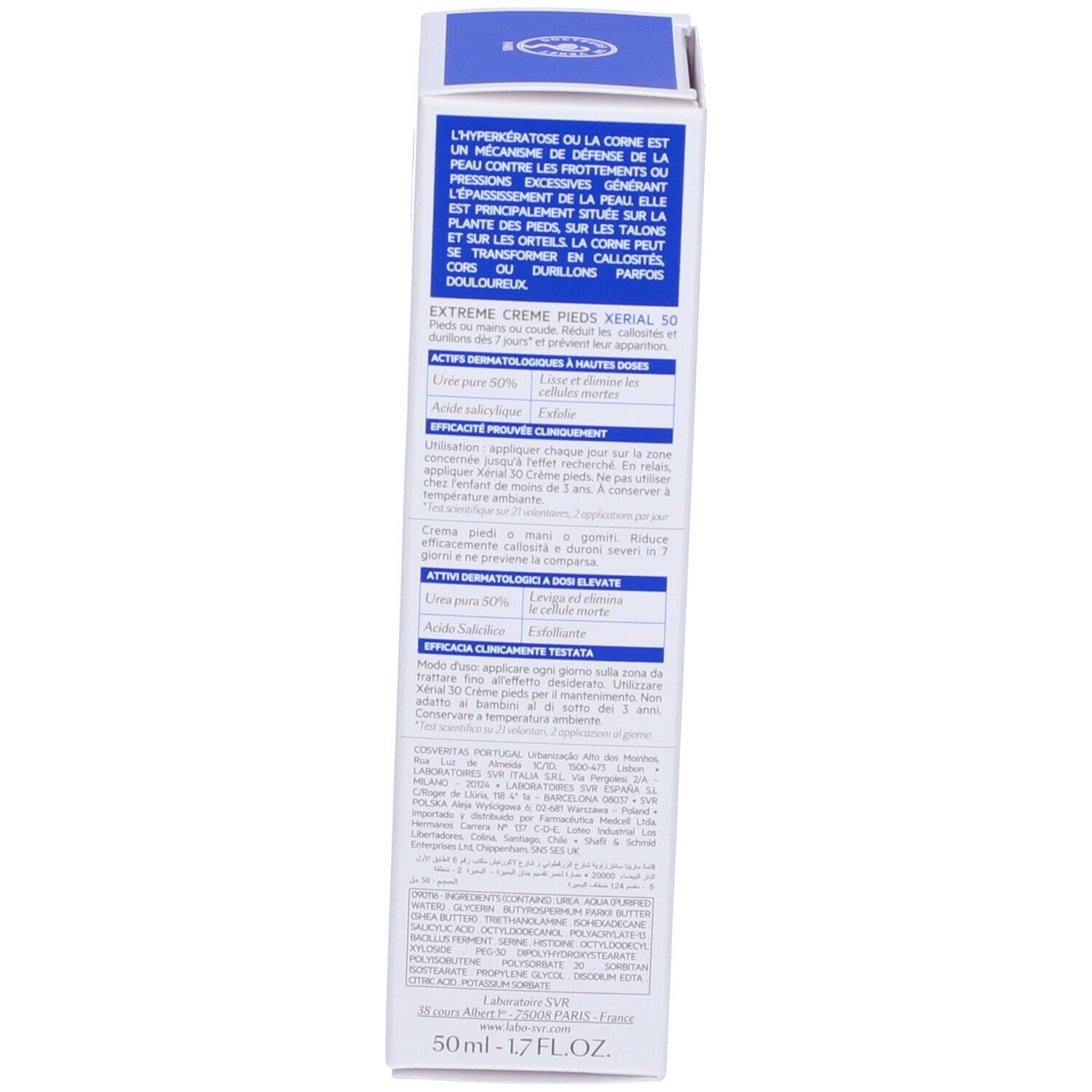 Rückseite der Verpackung SVR XERIAL 50. Text: Anwendung, Inhaltsstoffe, Herstellerinformationen, 50 ml.