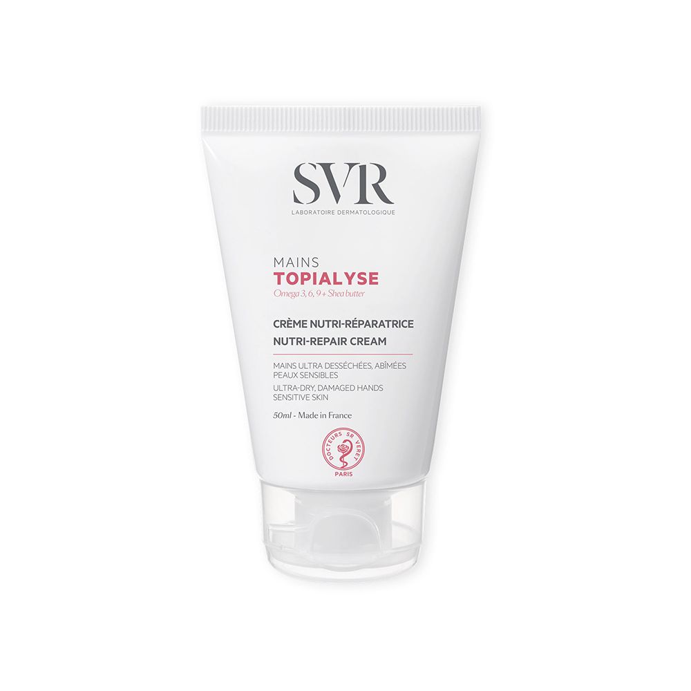 Tubo bianco SVR Topialyse Mains. Crema nutri-riparatrice per mani secche e danneggiate. Con Omega 3, 6, 9.