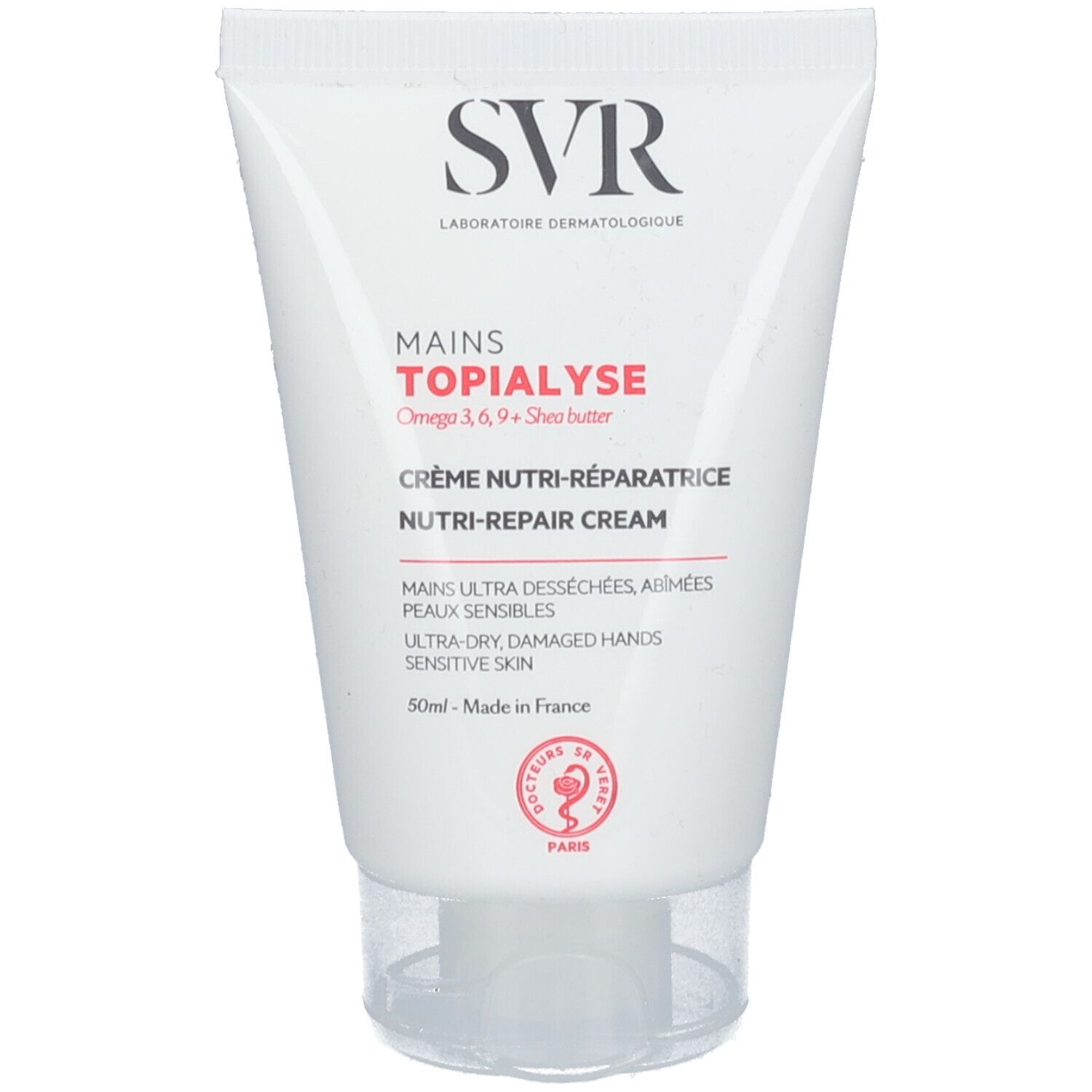 Tubo bianco SVR Topialyse Mains. Crema per mani secche e danneggiate. Con Omega 3, 6, 9 e burro di karité. 50ml.