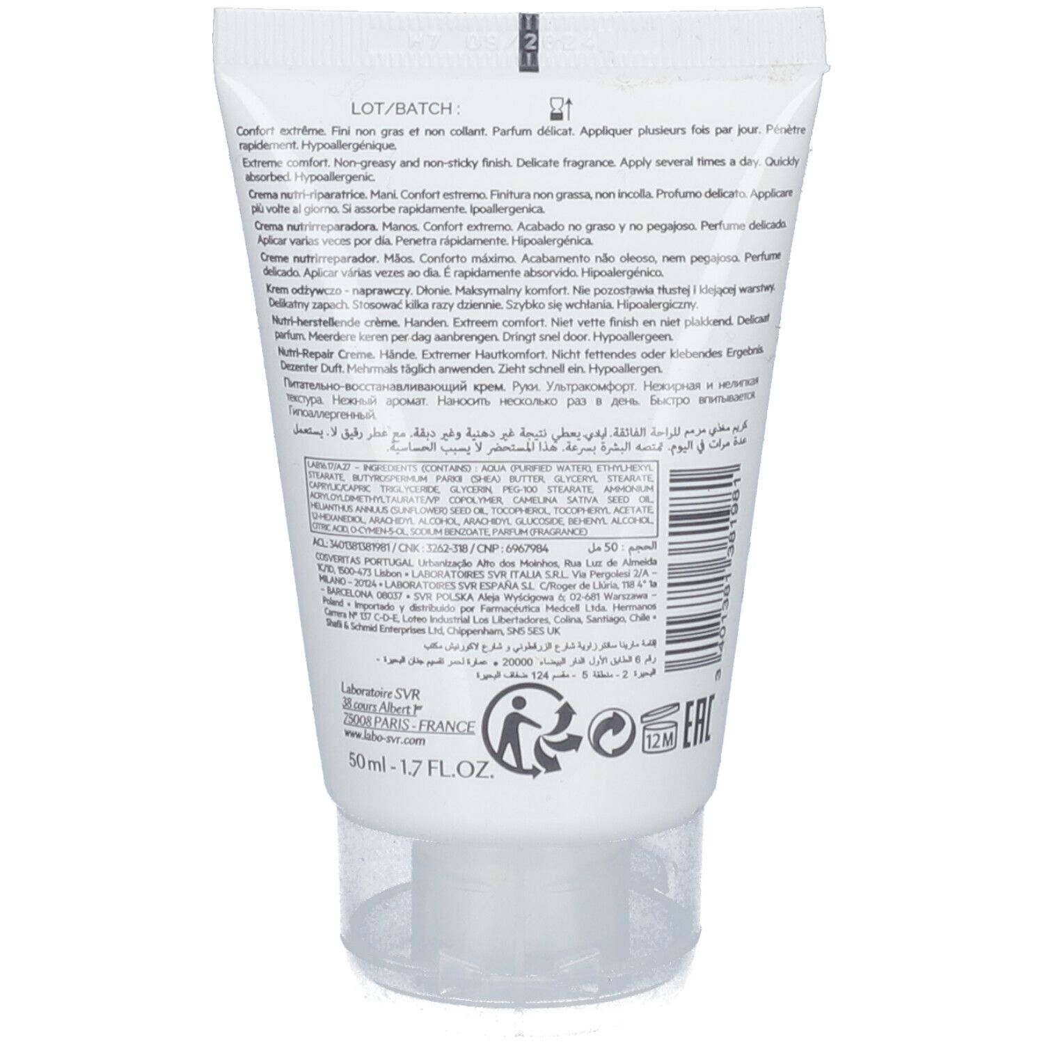Retro di un tubo bianco. Testo con ingredienti, informazioni sul produttore e simboli di riciclaggio. 50ml.