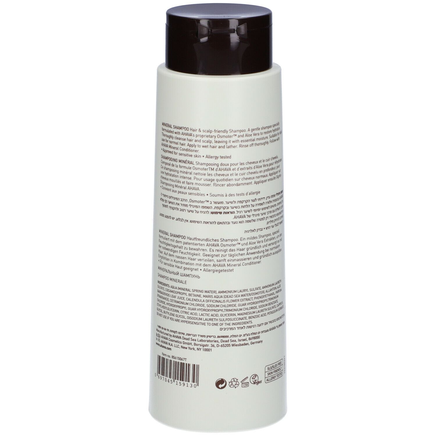 Retro del flacone di shampoo AHAVA Minerale. Flacone verde chiaro con tappo marrone. Testo multilingue.