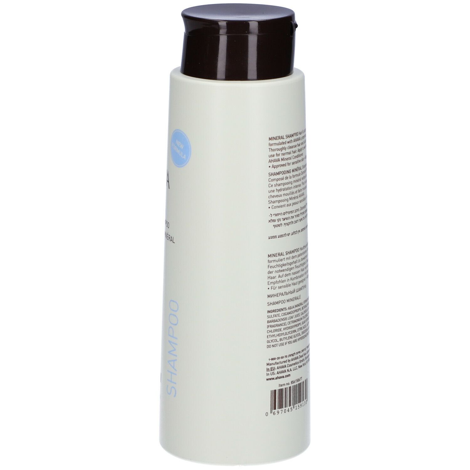 Retro del flacone di shampoo AHAVA Minerale. Flacone verde chiaro con tappo marrone. Testo multilingue.