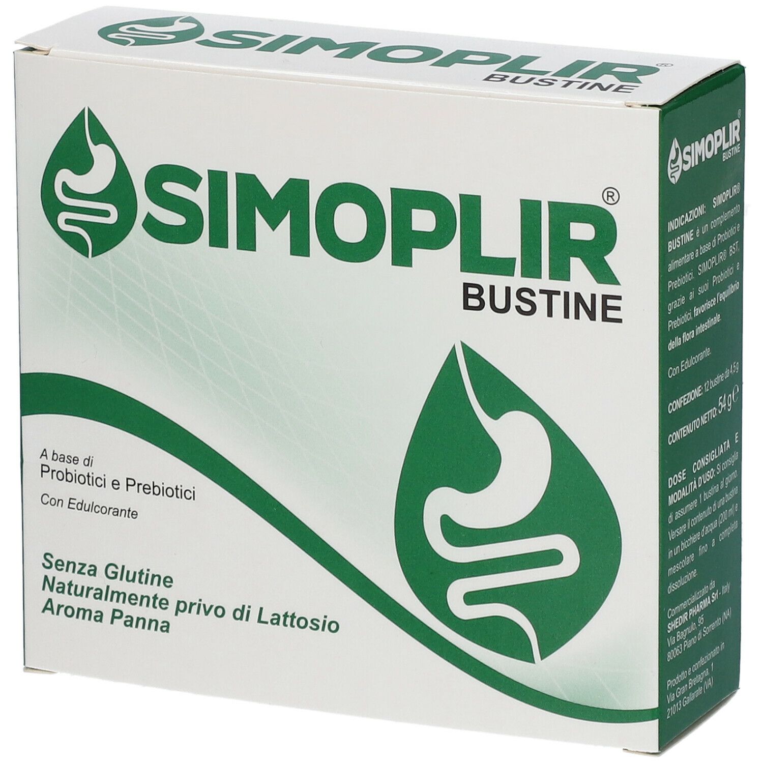 Scatola bianca con logo verde e testo SIMOPLIR BUSTINE. Contiene informazioni sugli ingredienti e l'assenza di glutine.