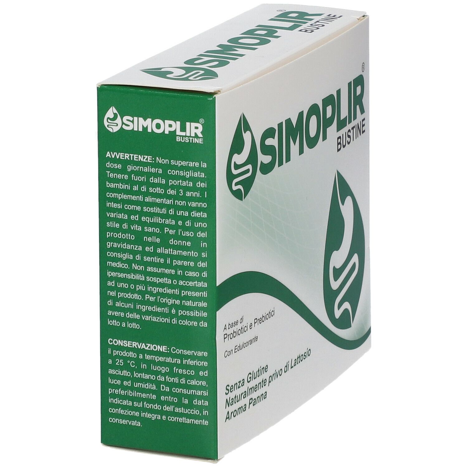 Scatola bianca inclinata con logo verde e testo SIMOPLIR BUSTINE. Contiene testo su precauzioni e ingredienti.