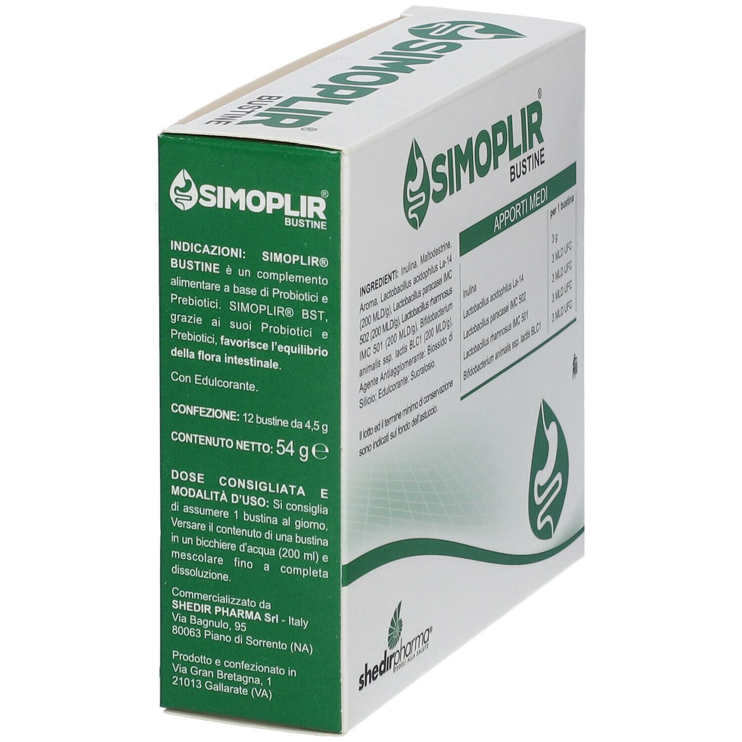 Scatola bianca con logo verde e testo SIMOPLIR BUSTINE. Contiene informazioni su ingredienti, dosaggio e produttore.