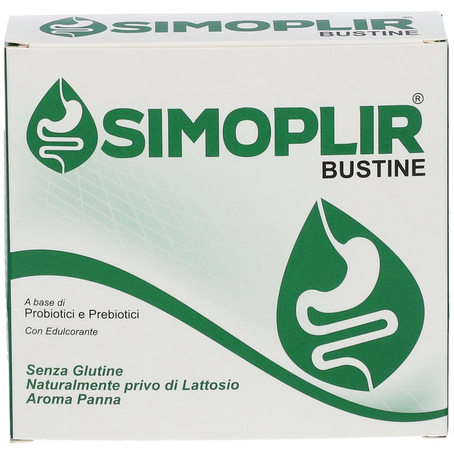 Scatola bianca con logo verde e testo SIMOPLIR BUSTINE. Contiene informazioni sugli ingredienti e l'assenza di glutine.