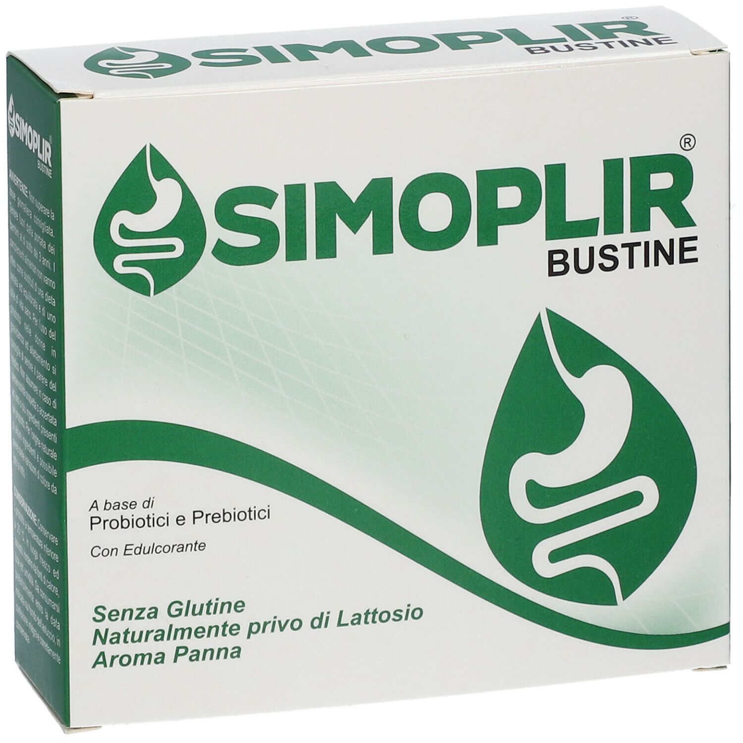 Scatola bianca con logo verde e testo SIMOPLIR BUSTINE. Contiene informazioni sugli ingredienti e l'assenza di glutine.