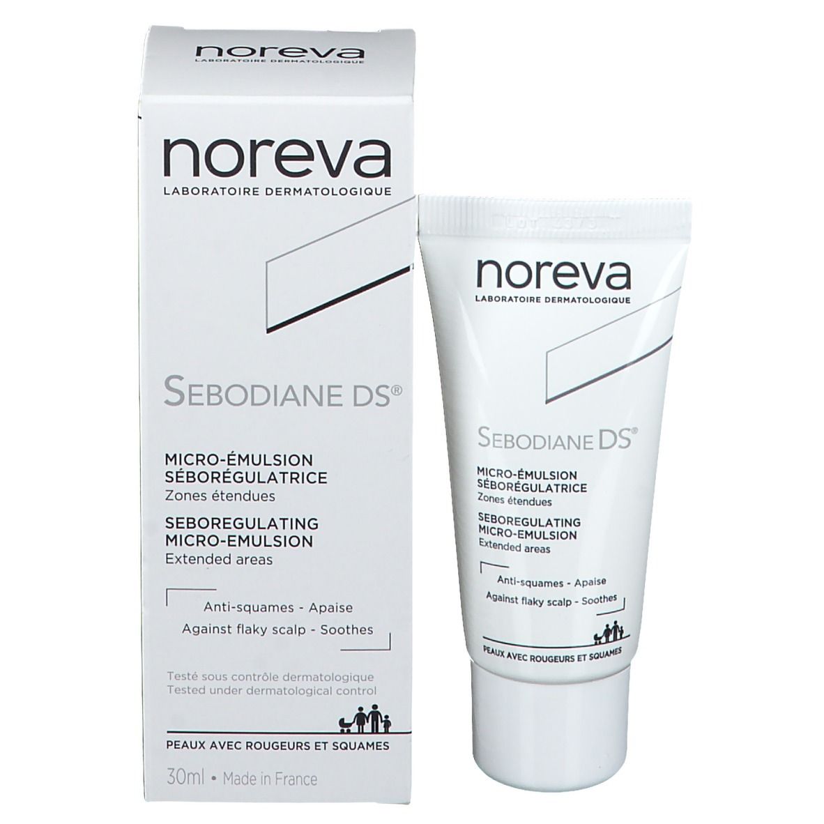 Confezione con tubo e scatola. Scatola con nome e logo. Tubo: Sebodiane DS Micro-Emulsion.
