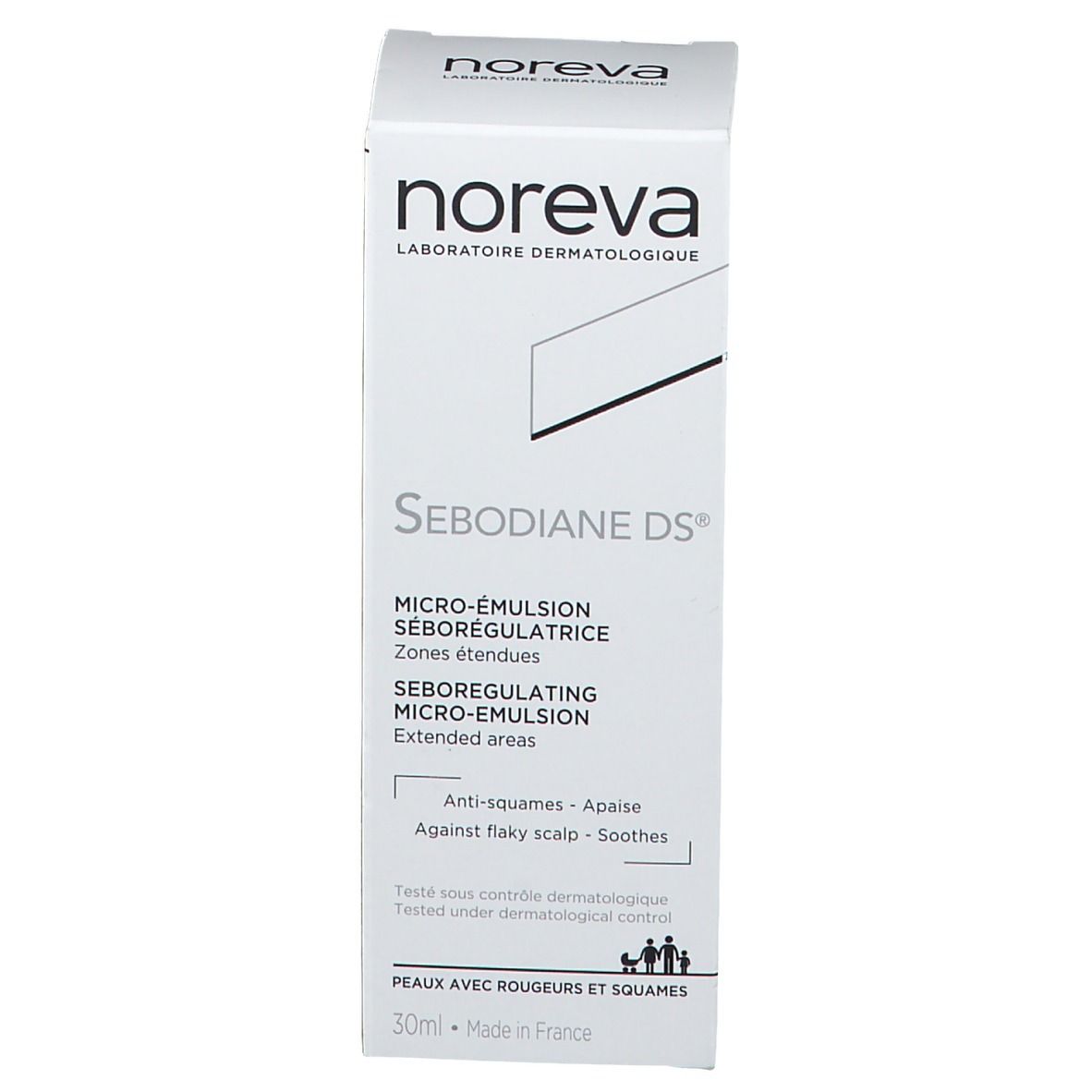Confezione bianca. Testo: Sebodiane DS Micro-Emulsion. Zone estese. Anti-squame. Marchio Noreva.