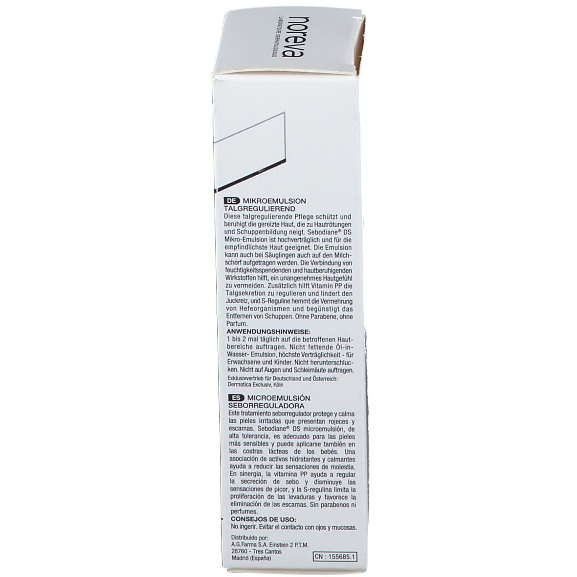Lato della confezione. Testo: Micro-emulsione sebo-regolatrice. Istruzioni in tedesco e francese.