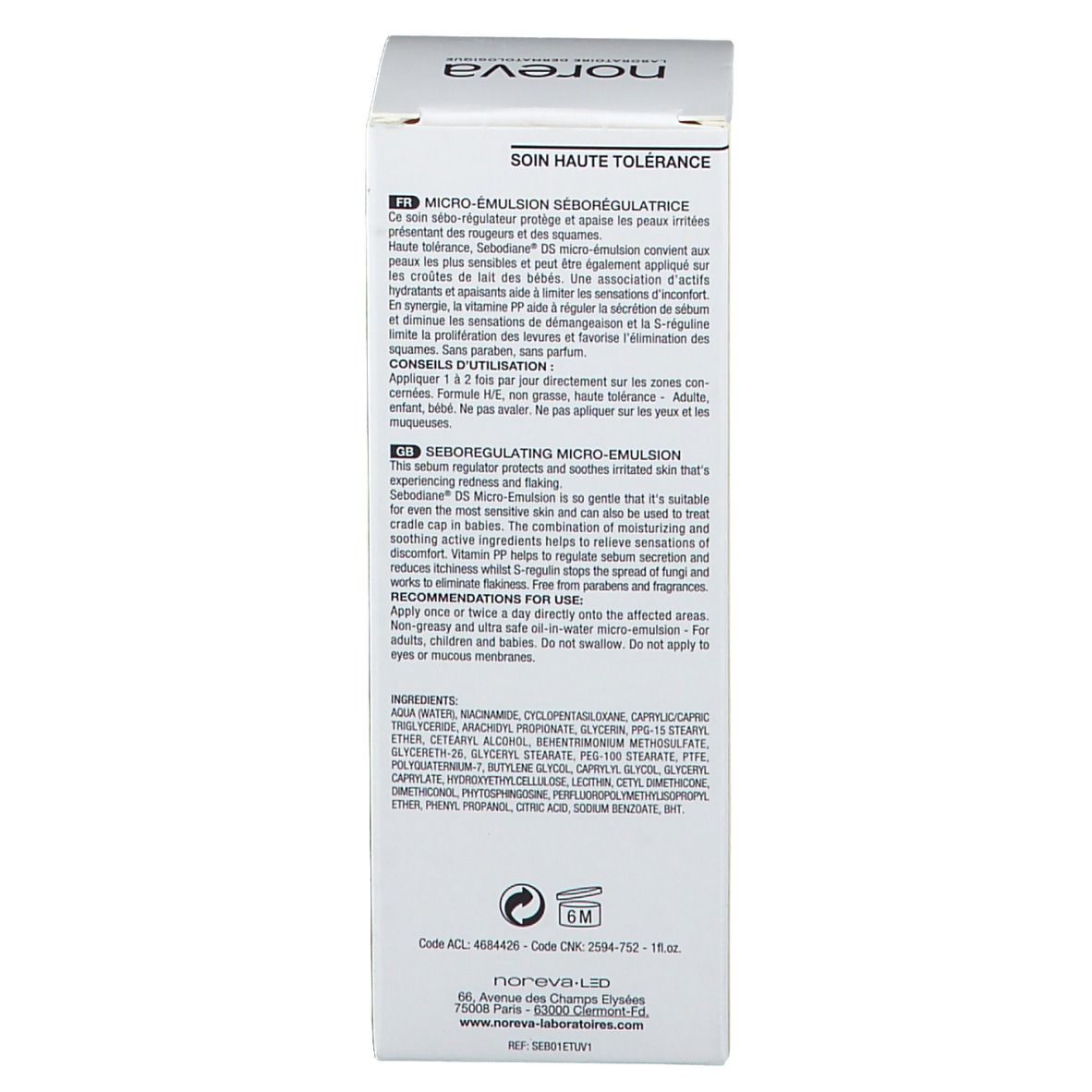 Lato della confezione. Testo: Micro-emulsione sebo-regolatrice. Ingredienti e istruzioni in inglese e francese.