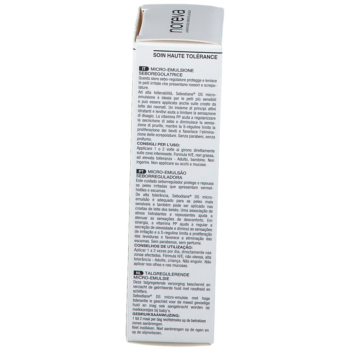 Lato della confezione. Testo: Micro-emulsione sebo-regolatrice. Istruzioni in italiano e olandese.