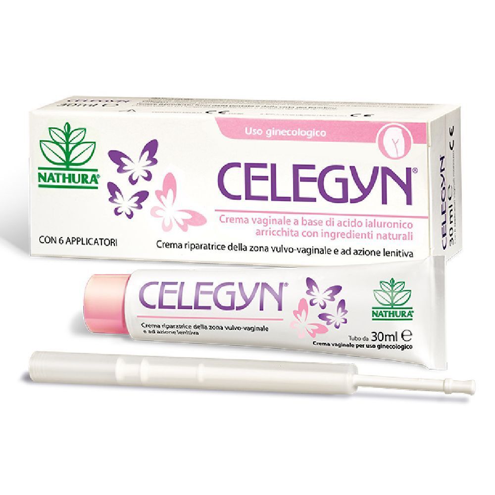 Crema CELEGYN® e applicatore. Confezione con 6 applicatori. Nome del prodotto e logo ben visibili.