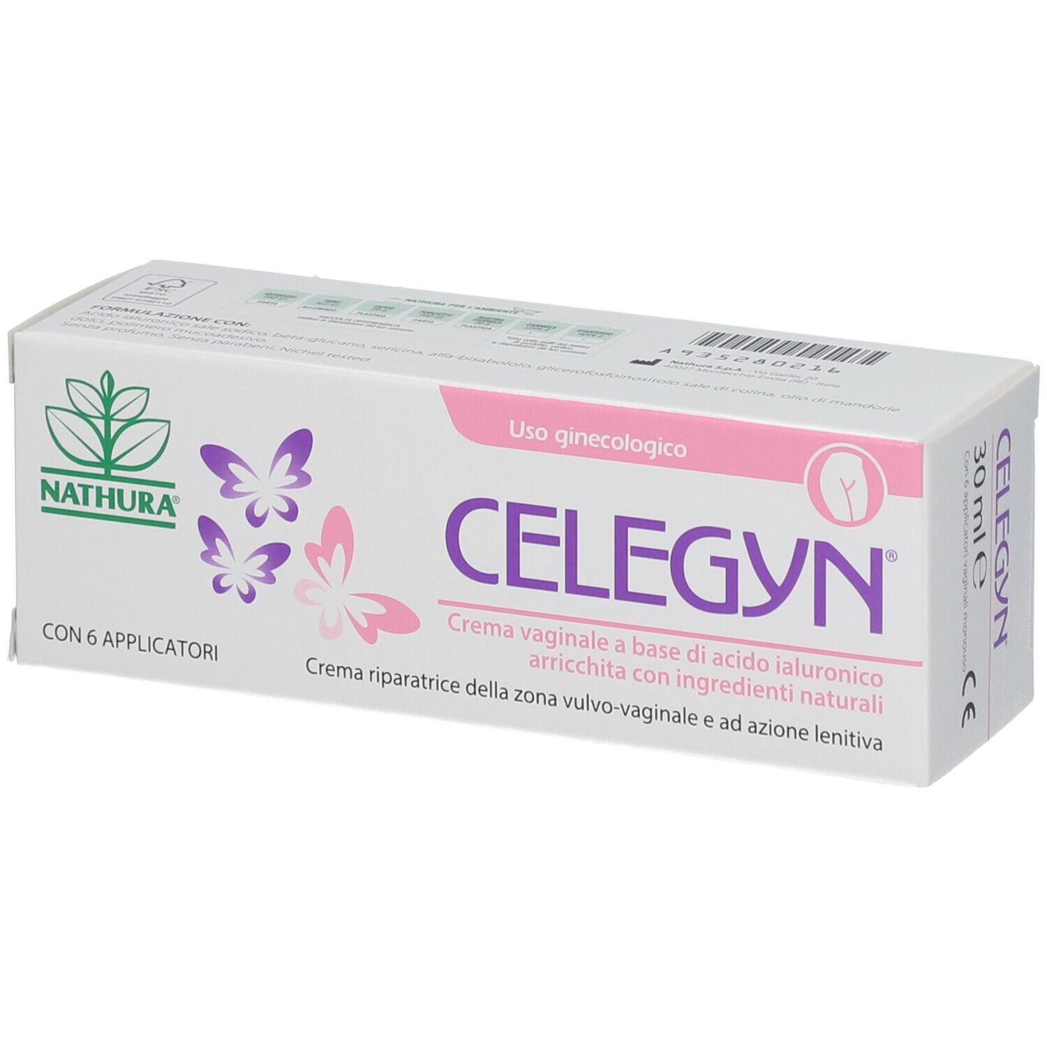 Confezione CELEGYN®. Scritta 'Uso ginecologico'. Contiene 6 applicatori. Nome e logo del prodotto.