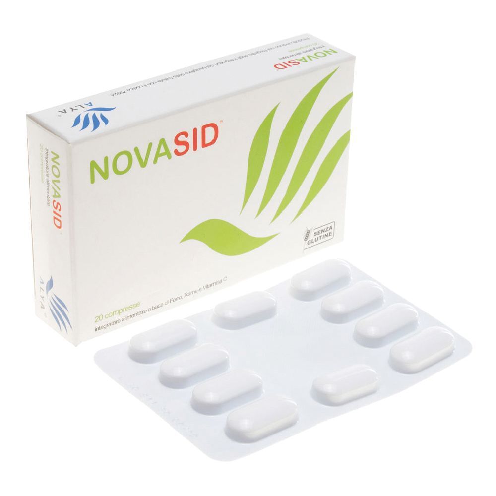 Confezione NOVASID® con blister di compresse. Compresse bianche, oblunghe. Scatola con logo, scritta e foglie verdi.