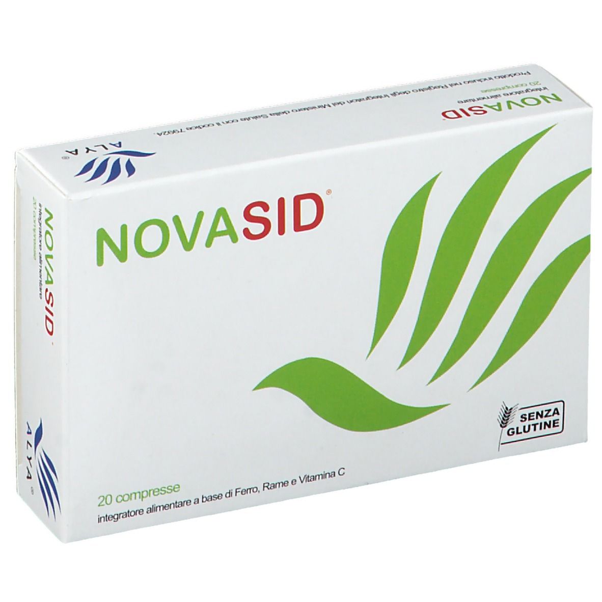 Scatola NOVASID®, bianca con logo, scritta e foglie verdi. Contiene 20 compresse. Sigillo senza glutine.
