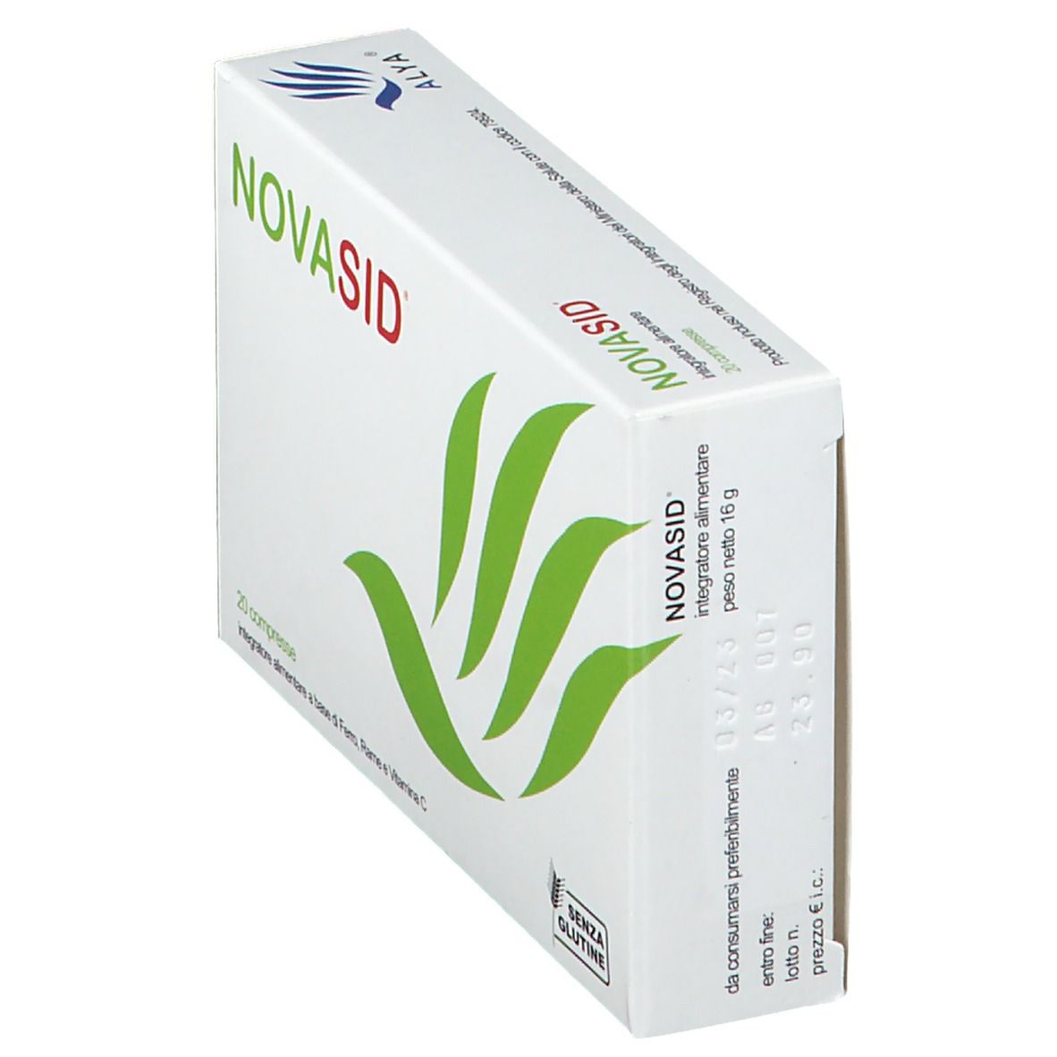 Scatola NOVASID®, bianca con logo, scritta e foglie verdi. Vista laterale. Contiene 20 compresse. Senza glutine.