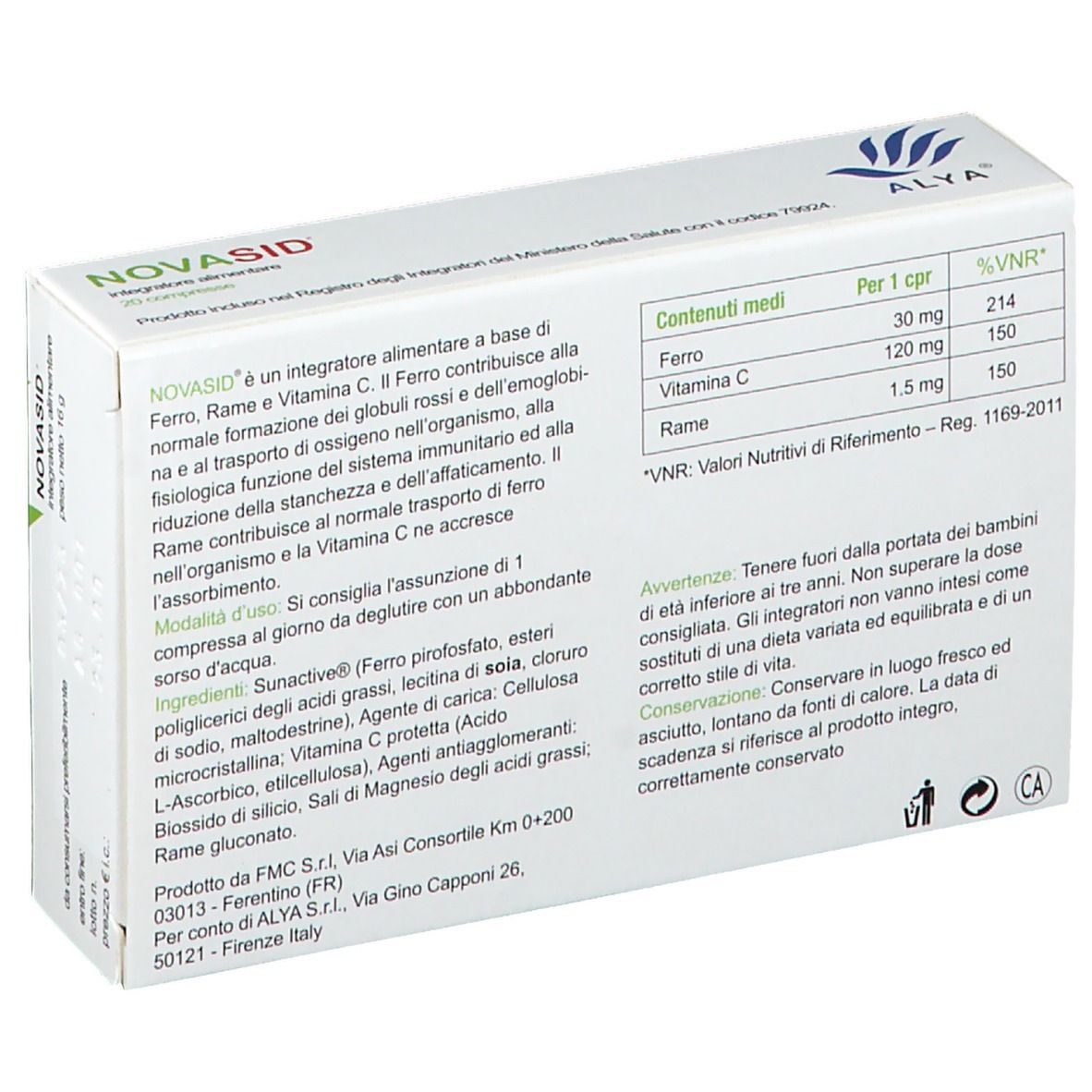 Retro della confezione NOVASID®. Contiene informazioni su ingredienti, dosaggio e produttore. Senza glutine.