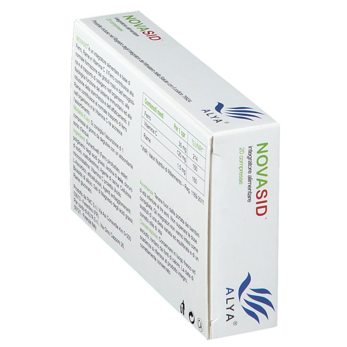 Vista laterale della confezione NOVASID®. Informazioni su ingredienti, dosaggio e produttore. Senza glutine.