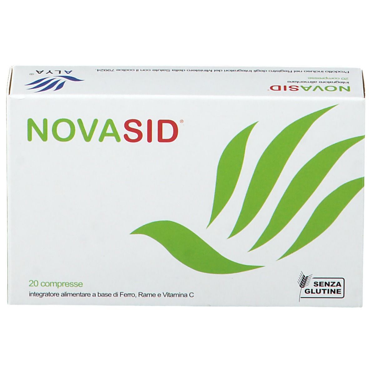 Scatola NOVASID®, bianca con logo, scritta e foglie verdi. Contiene 20 compresse. Sigillo senza glutine.