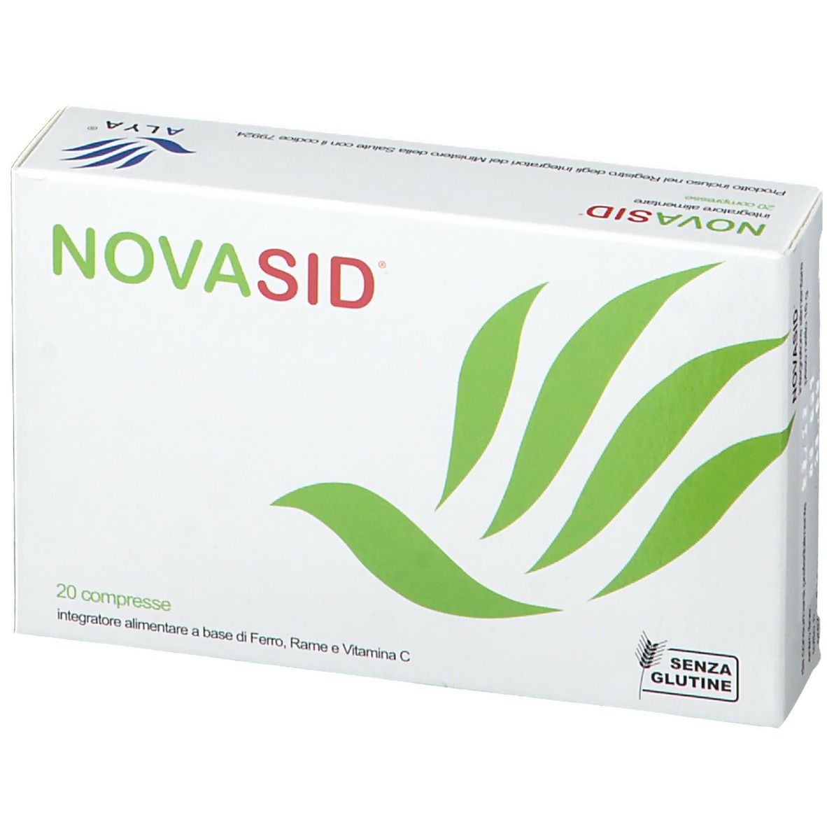 Scatola NOVASID®, bianca con logo, scritta e foglie verdi. Contiene 20 compresse. Sigillo senza glutine.