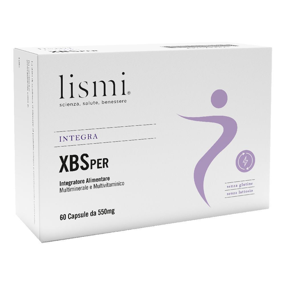 Scatola bianca Xbs Per, marchio Lismi. Contiene 60 capsule. Scritto: Integratore Alimentare Multiminerale e Multivitaminico. Senza glutine, senza lattosio.