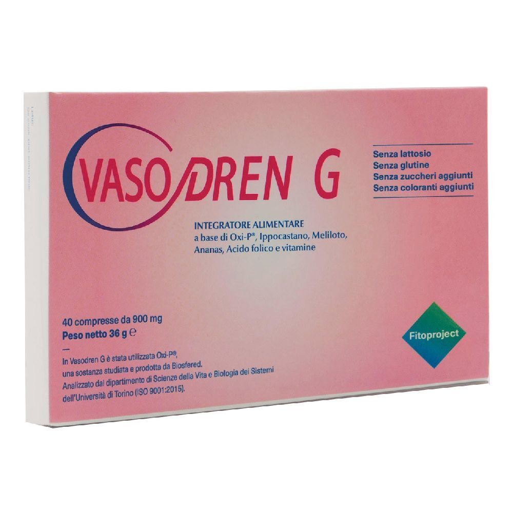 Scatola rosa con logo "VASO DREN G". Contiene 40 compresse. Testo: "Integratore alimentare". Marchio: Fitoproject.