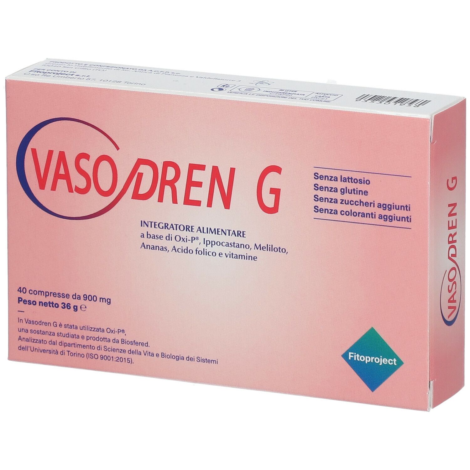Scatola rosa con logo "VASO DREN G". Contiene 40 compresse. Testo: "Integratore alimentare". Marchio: Fitoproject.