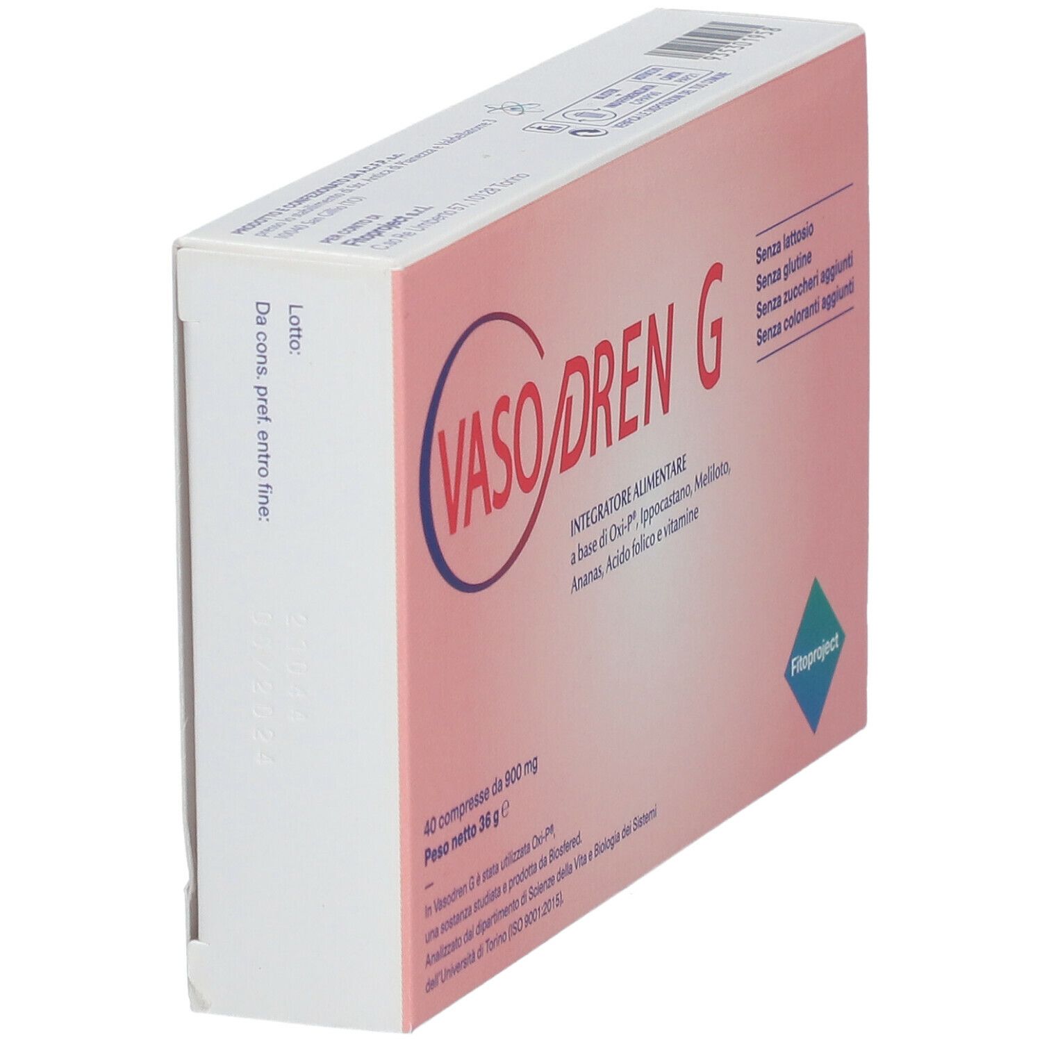Scatola "VASO DREN G" in prospettiva. Rosa, con testo e logo. Contiene 40 compresse. Marchio: Fitoproject.