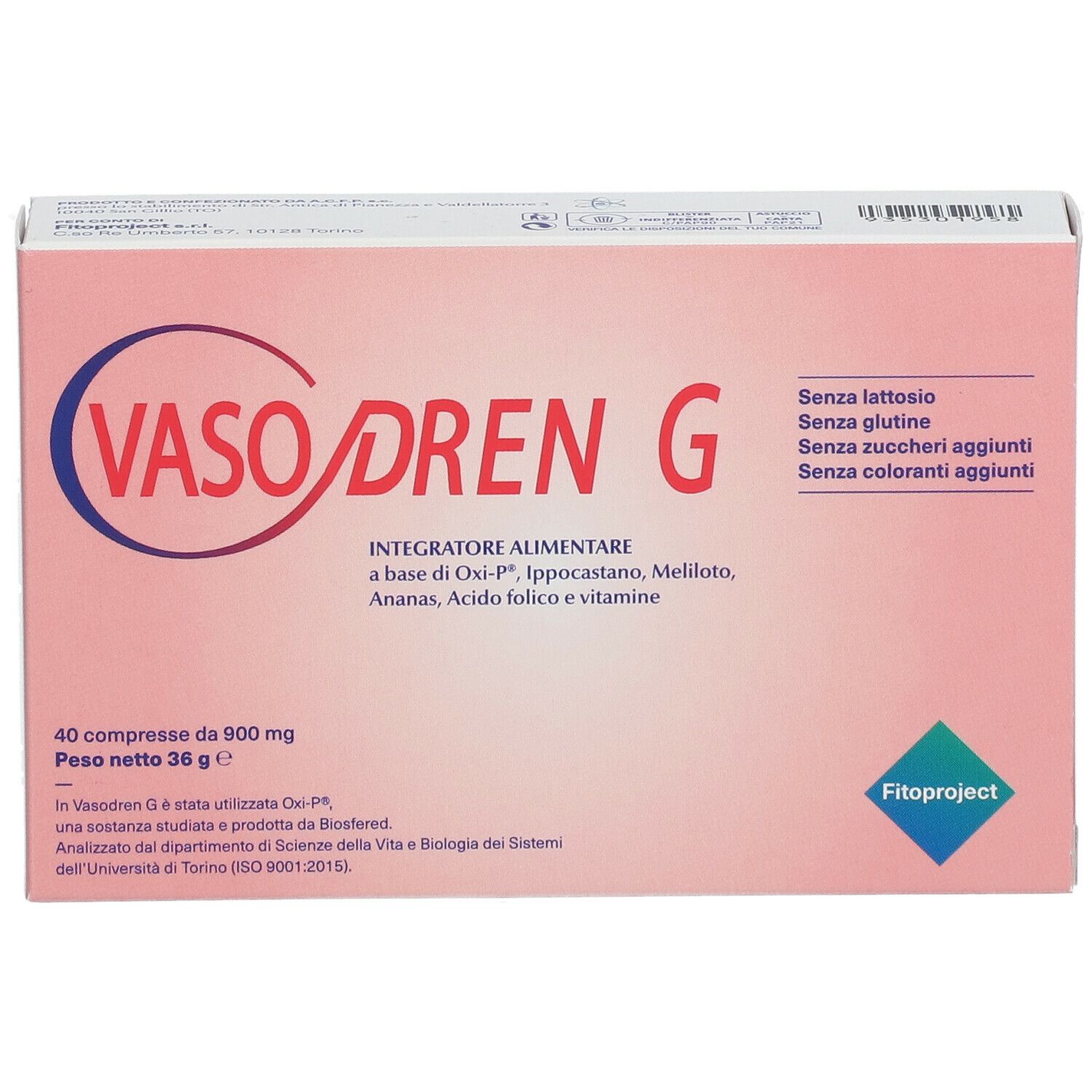Scatola rosa con logo "VASO DREN G". Contiene 40 compresse. Testo: "Integratore alimentare". Marchio: Fitoproject.