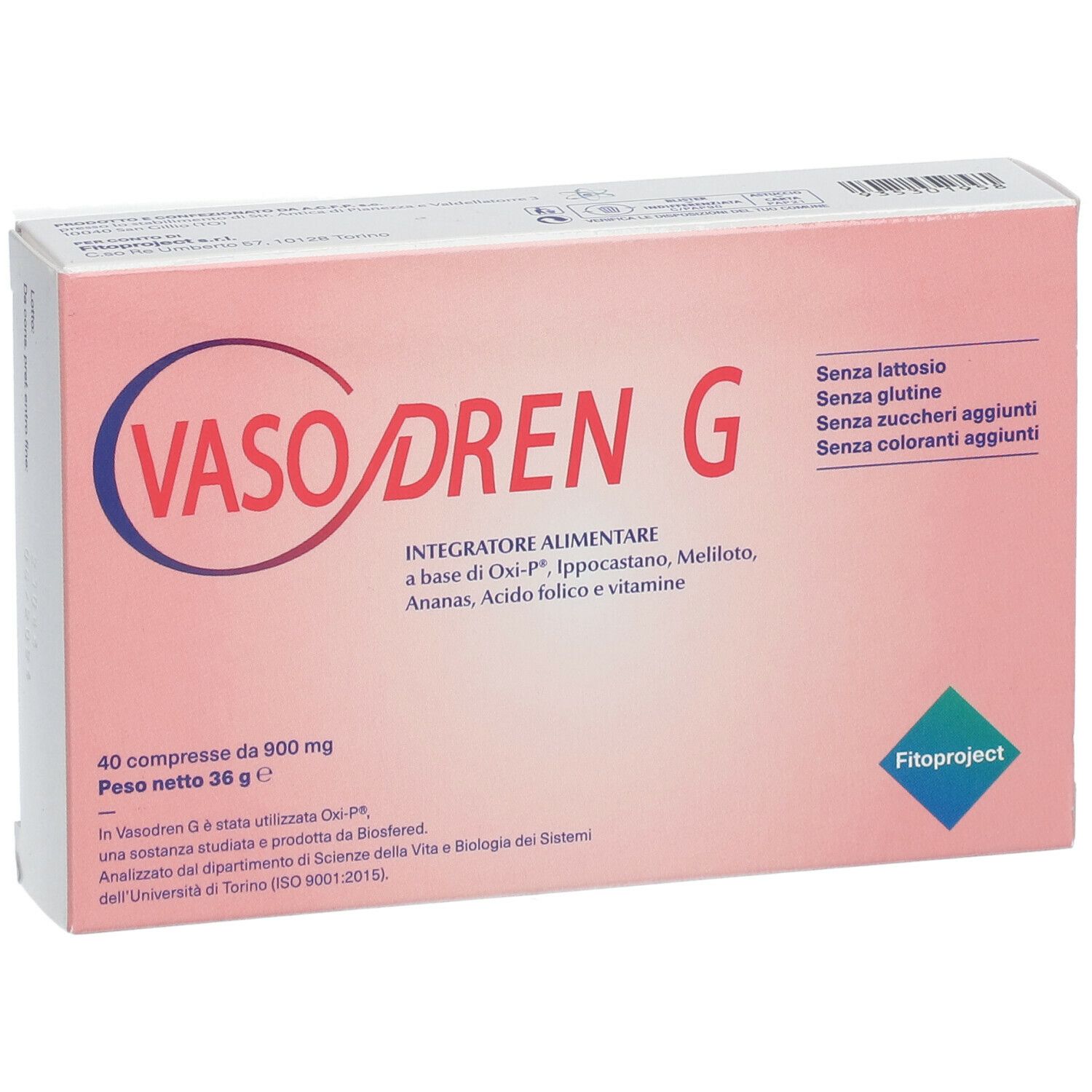 Scatola rosa con logo "VASO DREN G". Contiene 40 compresse. Testo: "Integratore alimentare". Marchio: Fitoproject.
