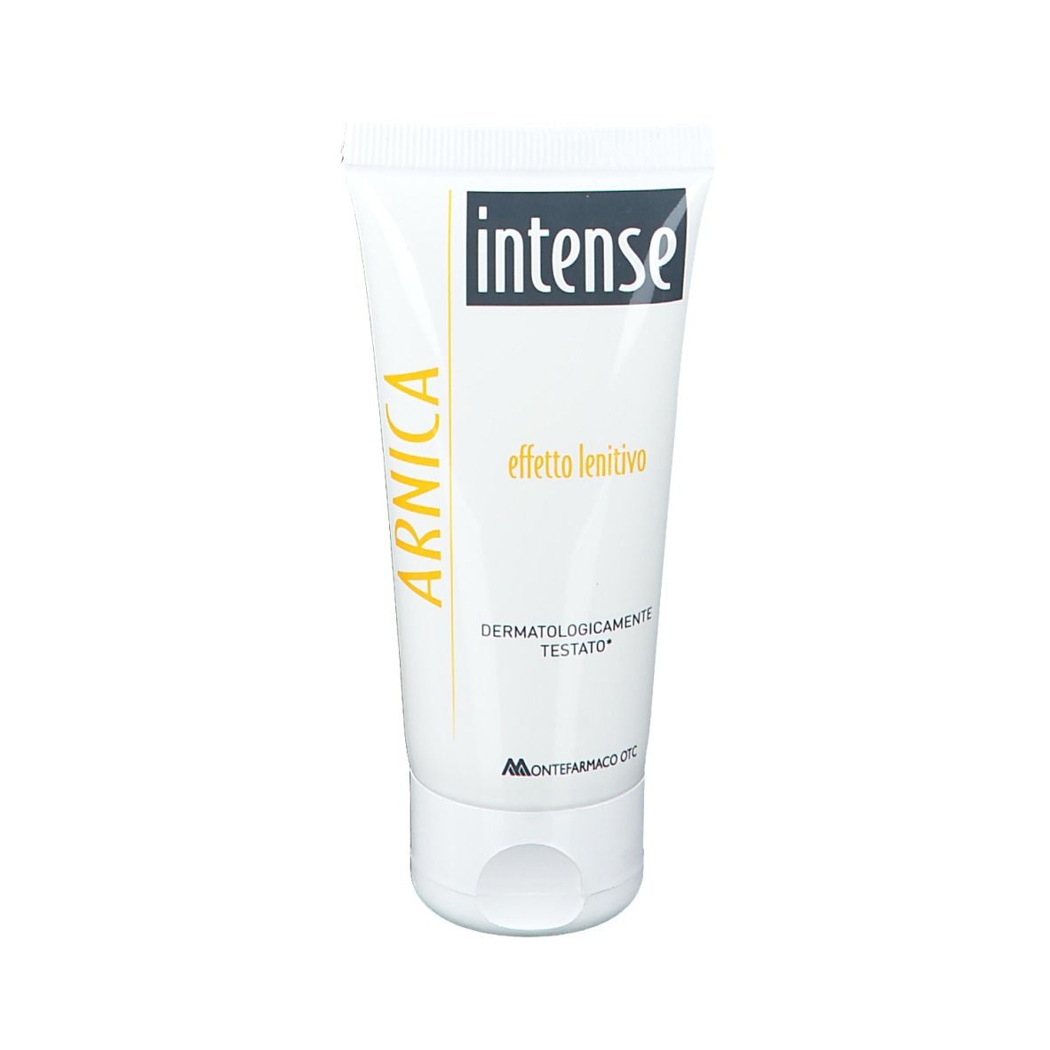 Tubo bianco con scritte gialle e nere. Scritta: Intense Arnica, effetto lenitivo. Dermatologicamente testato.