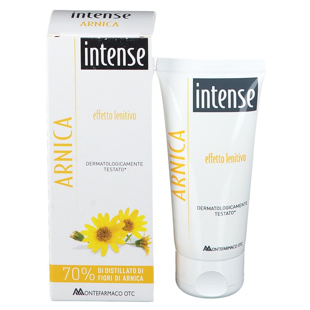 Confezione del prodotto con tubo e scatola. Scritta: Intense Arnica, effetto lenitivo. 70% di distillato di fiori di arnica. Testato dermatologicamente.