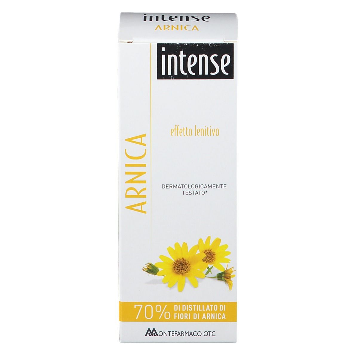 Confezione in cartone con scritta: Intense Arnica, effetto lenitivo. 70% di distillato di fiori di arnica. Testato dermatologicamente.