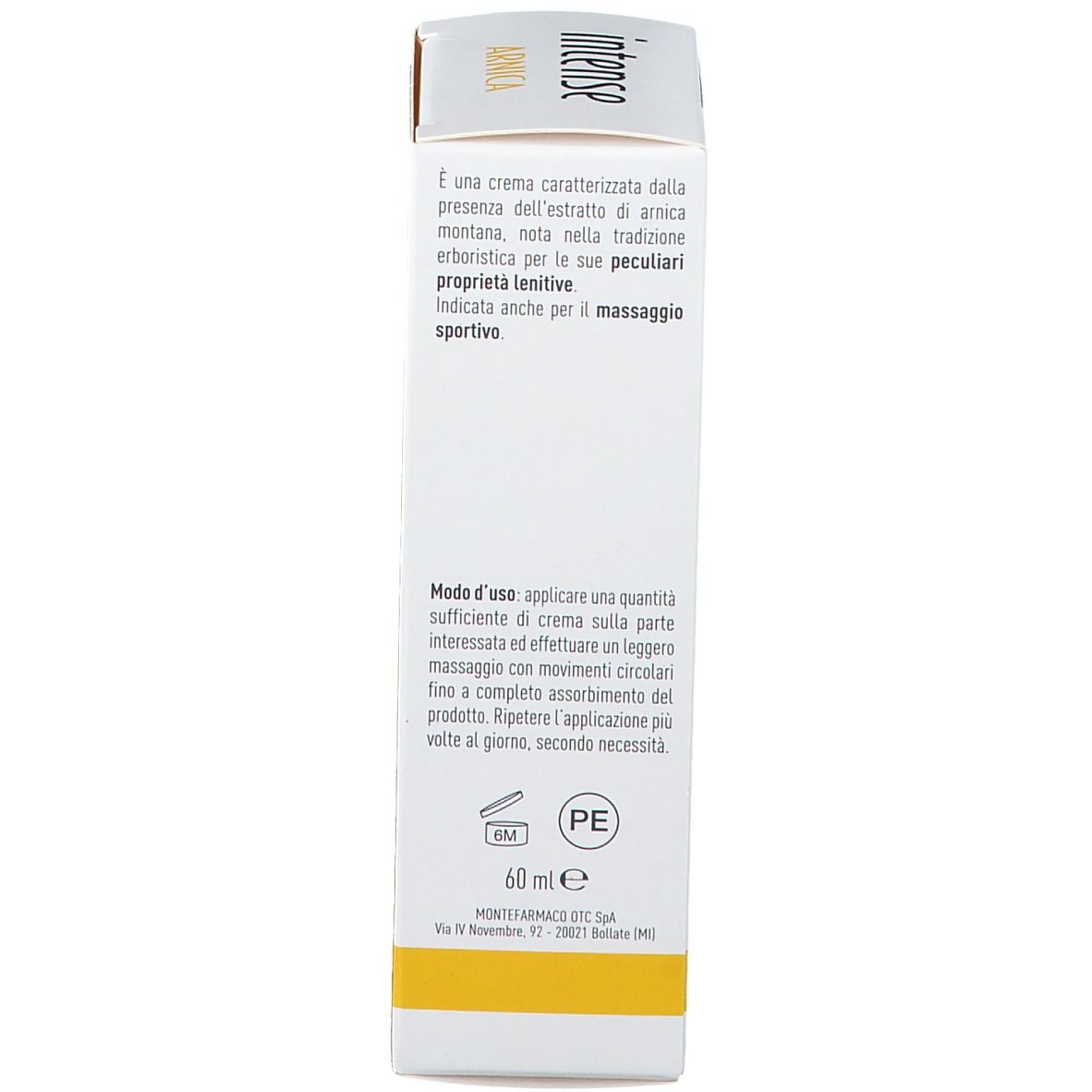 Retro della confezione in cartone. Testo in italiano. Contiene informazioni sugli ingredienti e l'uso. 60 ml.