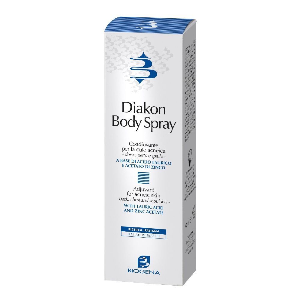 Kartonverpackung mit Produktaufschrift Diakon Body Spray. Blaue und weiße Farbgebung. Marke BIOGENA.