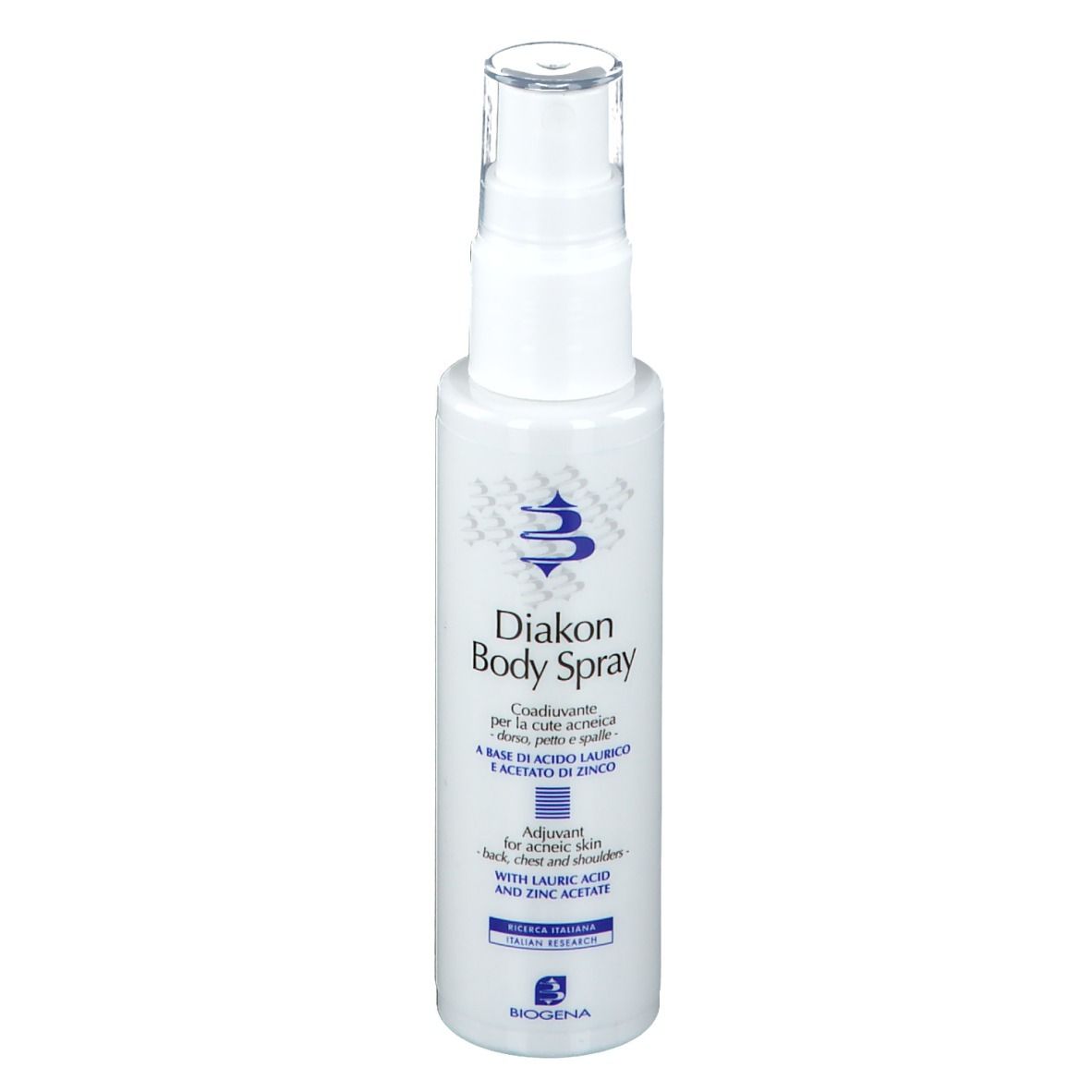 Weiße Sprühflasche mit durchsichtigem Deckel. Aufschrift Diakon Body Spray. Marke BIOGENA.