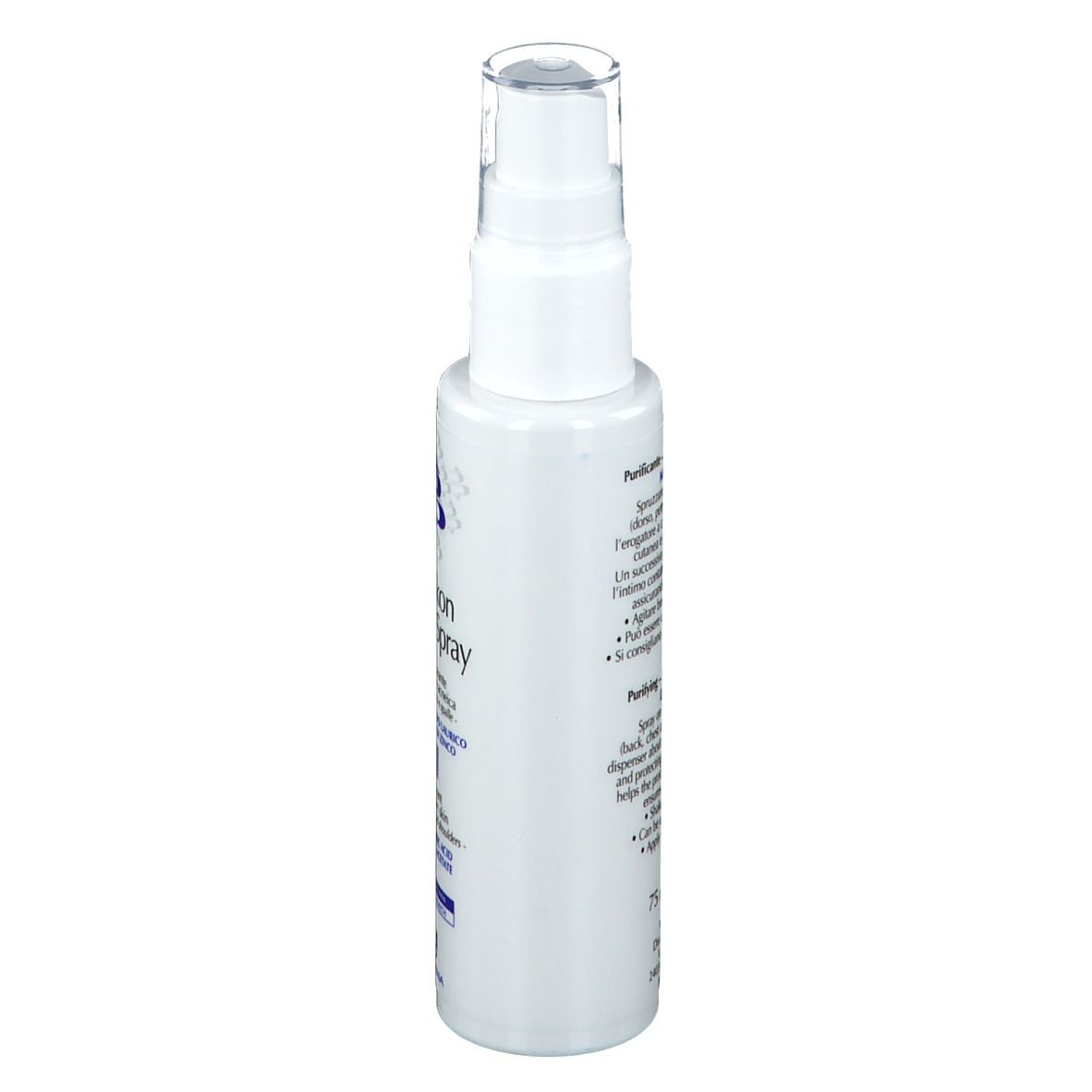 Weiße Sprühflasche, Seitenansicht. Aufschrift Diakon Body Spray. Marke BIOGENA. Transparenter Deckel.