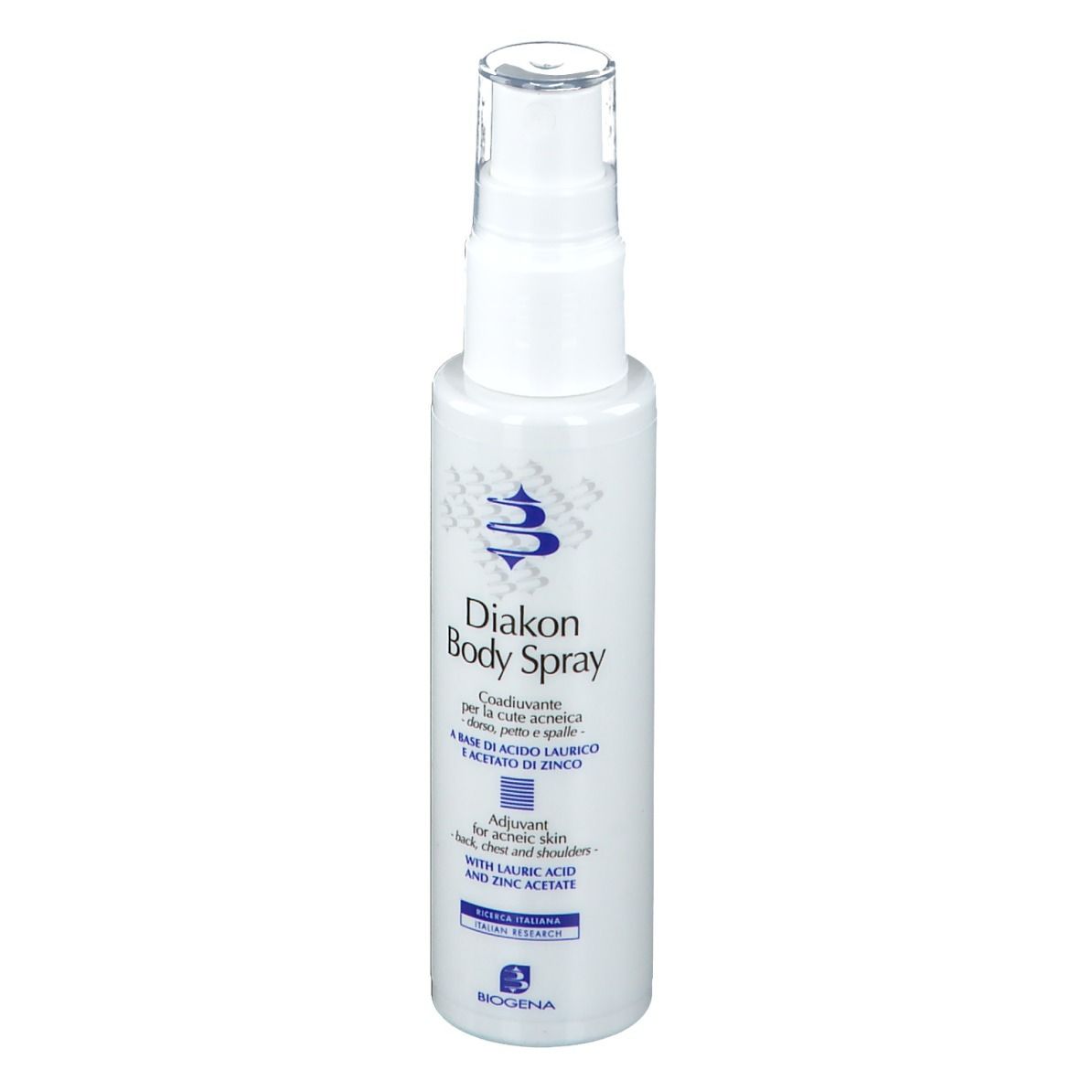 Weiße Sprühflasche mit Aufschrift Diakon Body Spray. Marke BIOGENA. Transparenter Deckel.