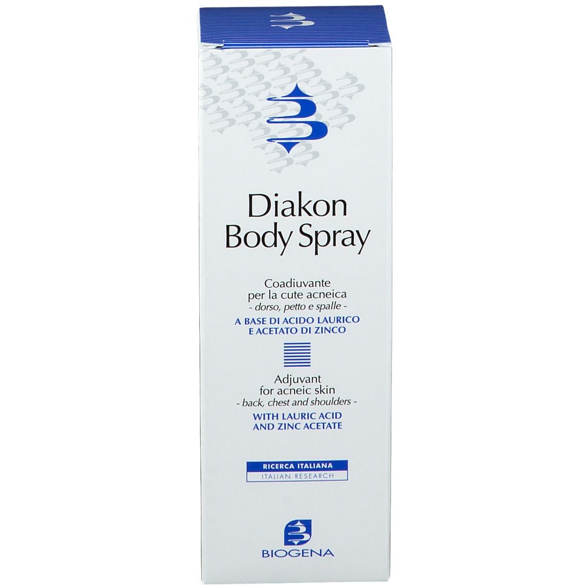 Kartonverpackung mit Produktaufschrift Diakon Body Spray. Marke BIOGENA. Blaue und weiße Farbgebung.