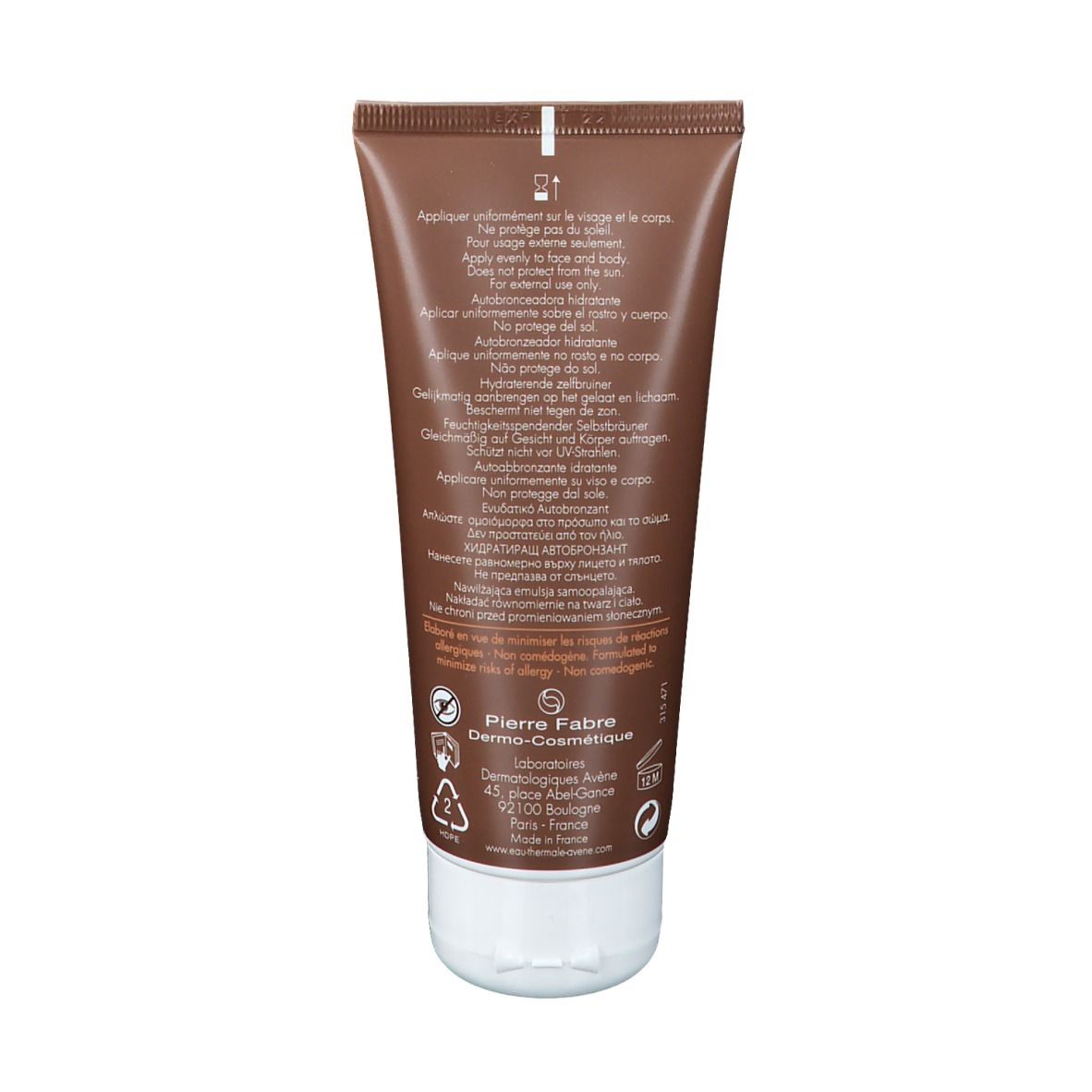 Dos du tube. Texte multilingue. Instructions d'utilisation et informations du fabricant. Testé dermatologiquement.