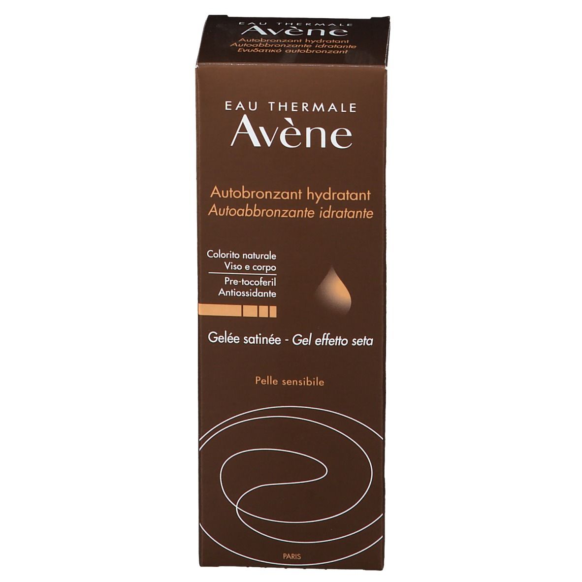 Emballage marron. Inscription : Avène, gel autobronzant. Visage et corps. Pour peaux sensibles. 100ml.