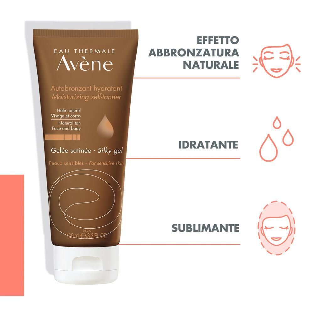 Tube avec image et texte. Inscription : Avène, gel autobronzant. Visage et corps. Pour peaux sensibles.