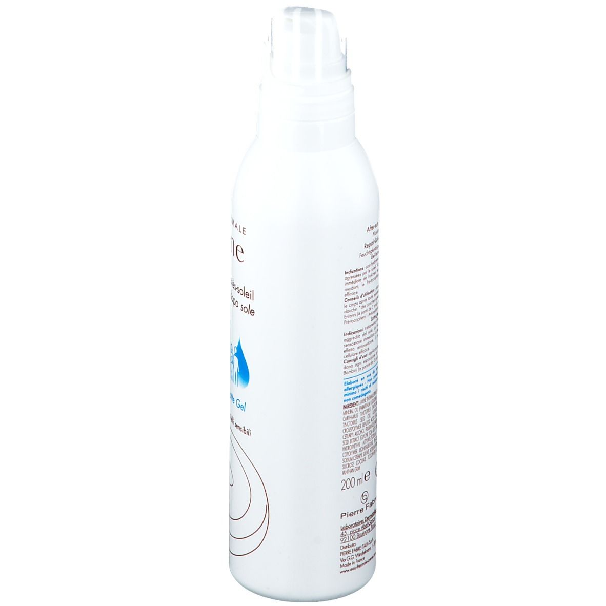 Seitenansicht der weißen Flasche. Text und Logos. Volumenangabe: 200 ml.