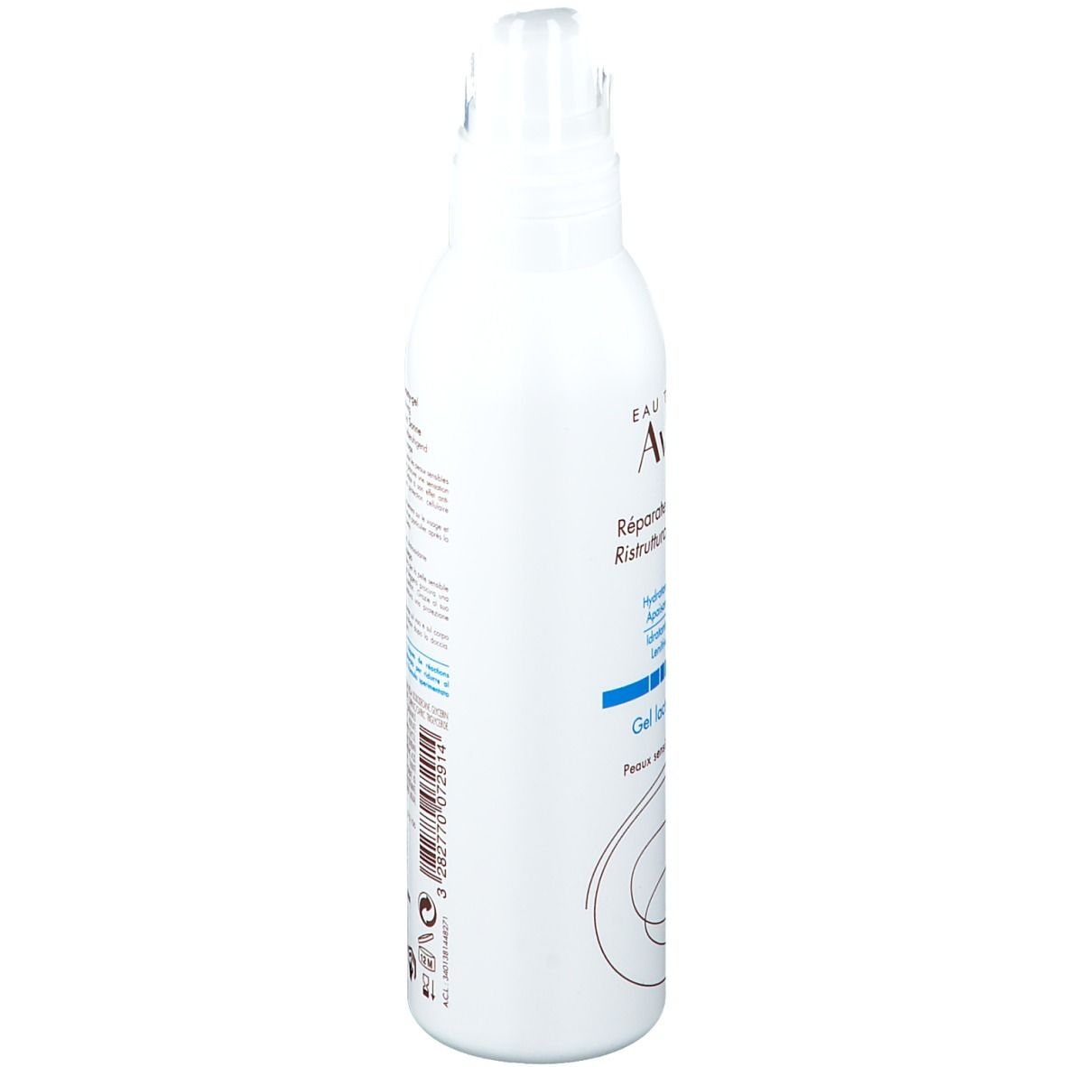 Seitenansicht der weißen Flasche. Text und Logos. Volumenangabe: 200 ml.