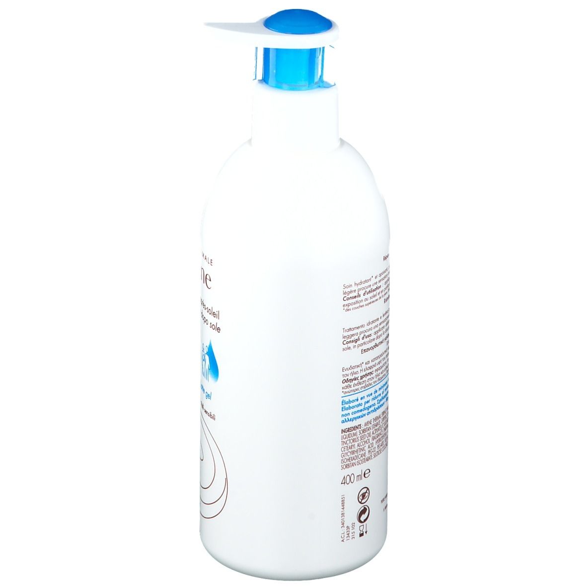 Dos du flacon blanc avec texte. Inscription: Eau Thermale Avène. Pour peaux sensibles. Pierre Fabre.