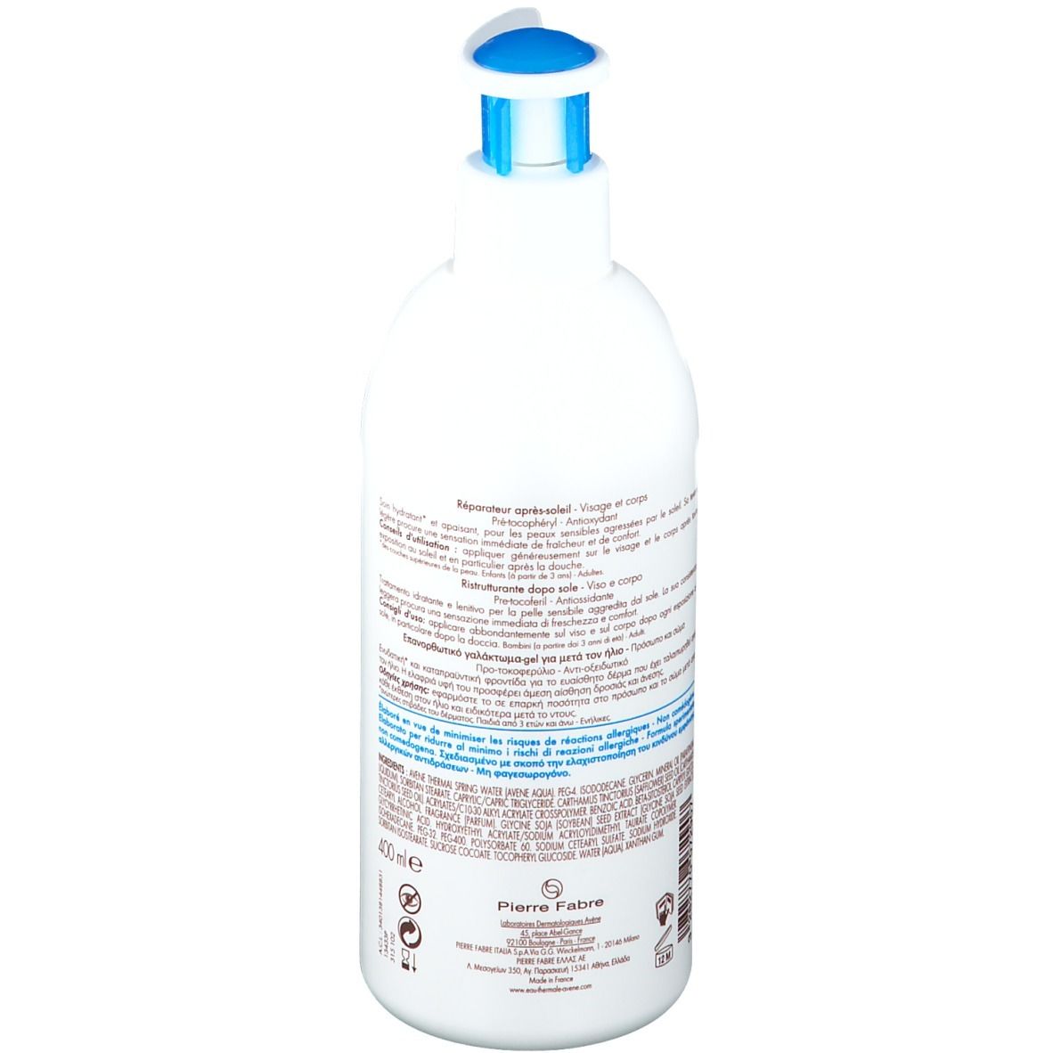 Dos du flacon blanc avec texte. Inscription: Eau Thermale Avène. Pour peaux sensibles. Pierre Fabre.