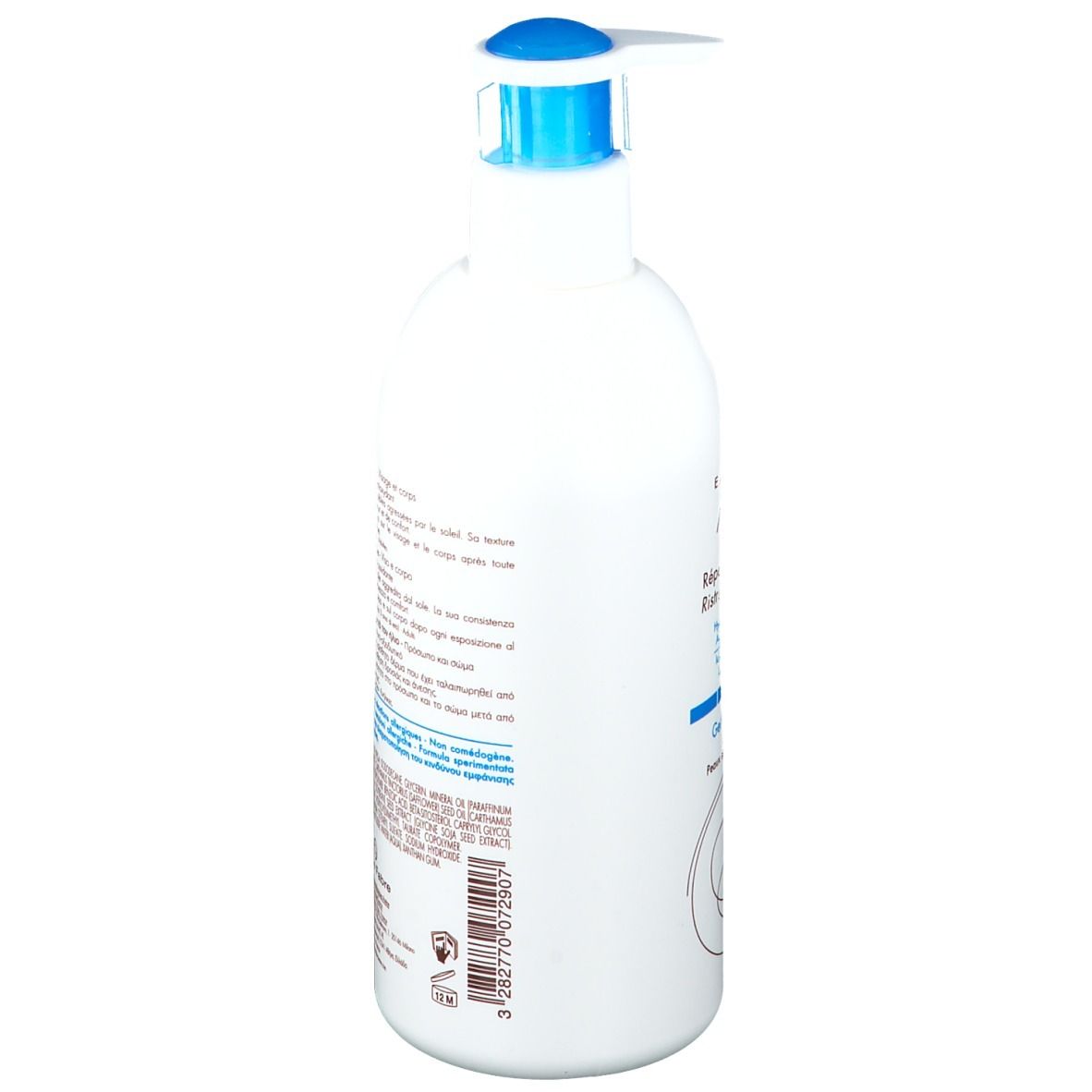 Dos du flacon blanc avec texte. Inscription: Eau Thermale Avène. Pour peaux sensibles. Pierre Fabre.