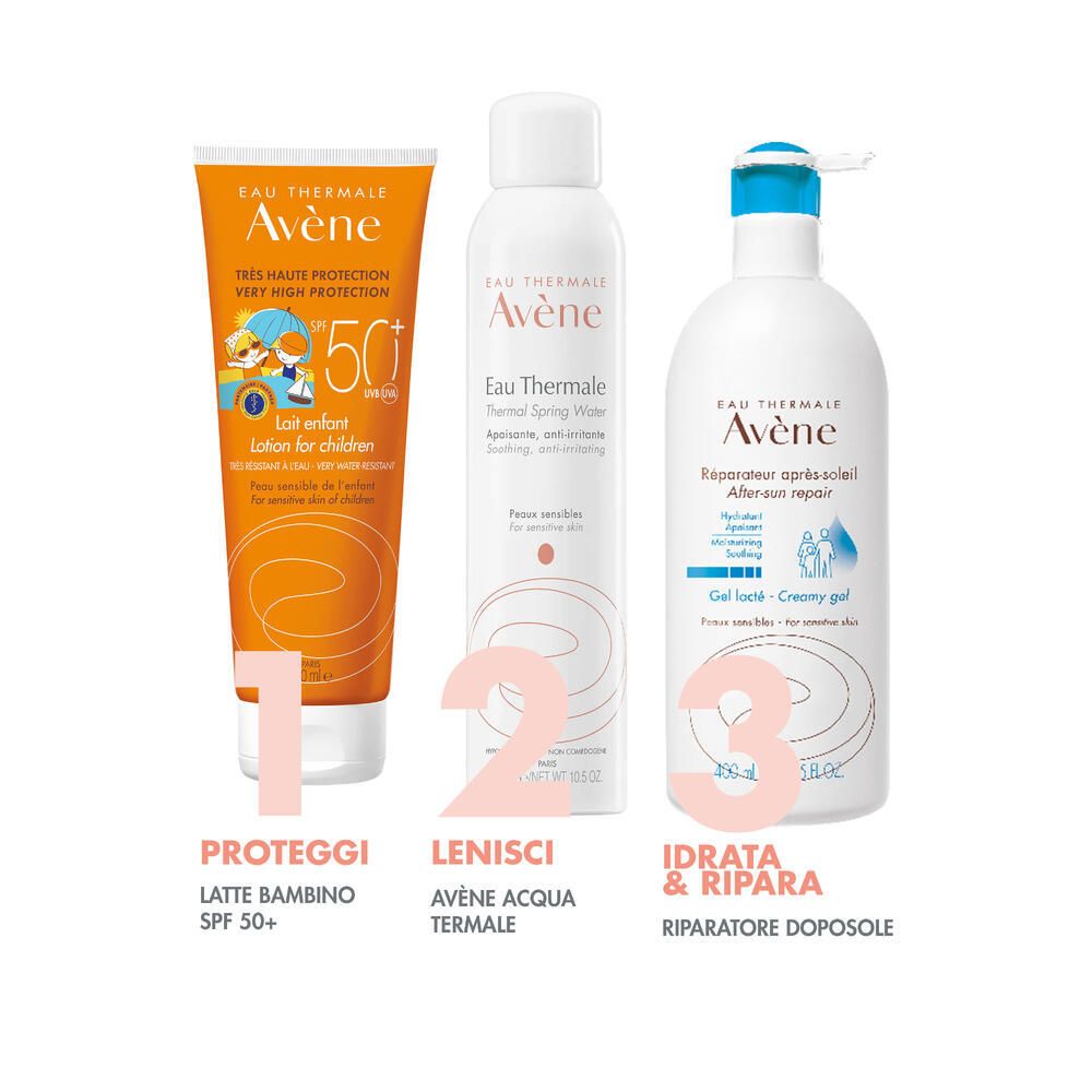 Trois produits côte à côte. Crème solaire, spray d'eau thermale et lotion après-soleil. Inscription: Avène.